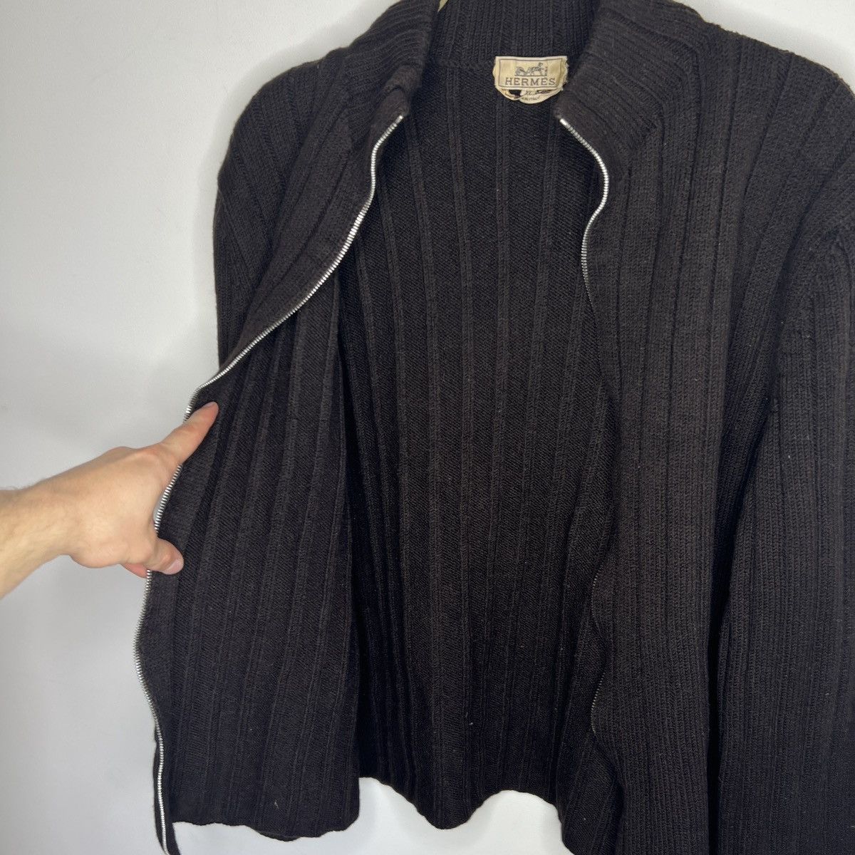 Hermes HERMES Brown Wool Ribbed Full Zip Sweater Italy Riri Size US L / EU 52-54 / 3 - 7 Thumbnail
