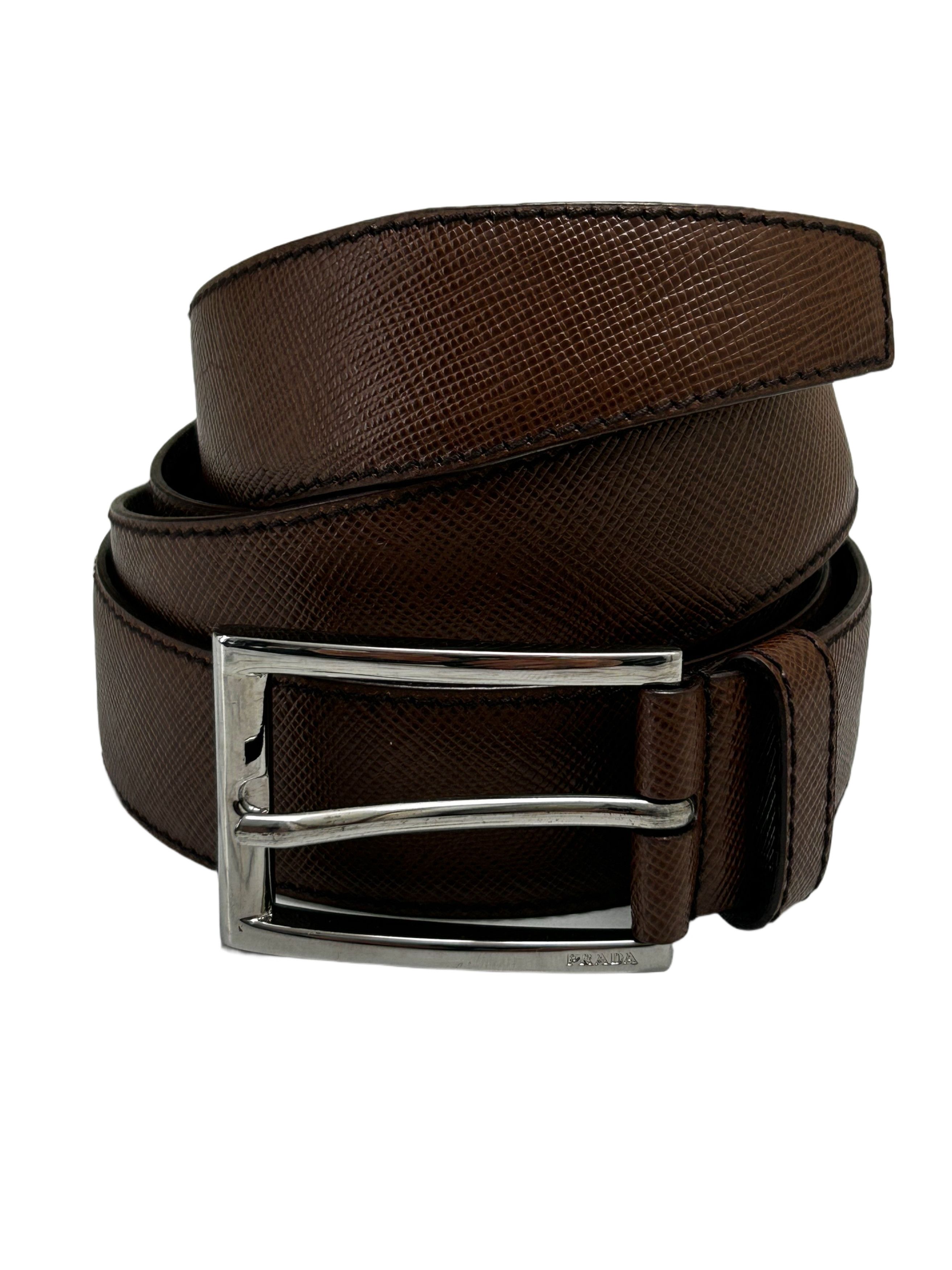 Prada Prada Dark Brown Leather Notch Buckle Belt With Logo Size 38 - 2 Thumbnail