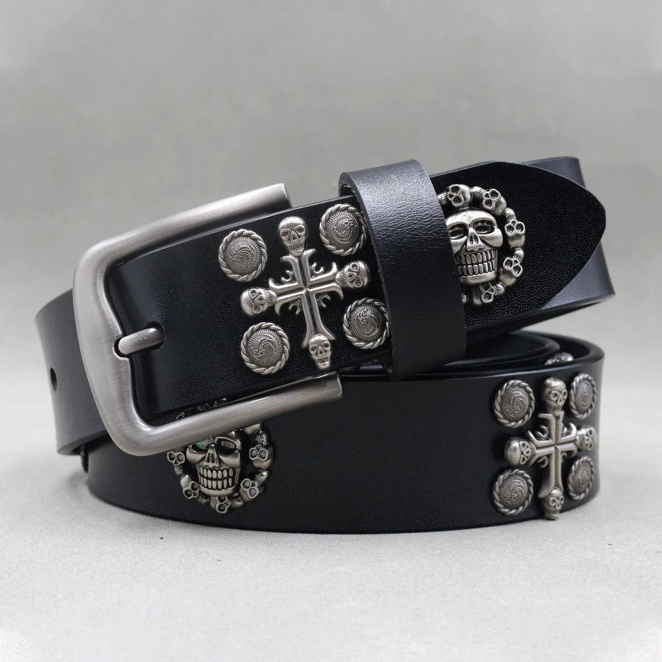Genuine Leather × Vintage Skull Cross Rivet Belt Leather Size ONE SIZE - 1 Thumbnail