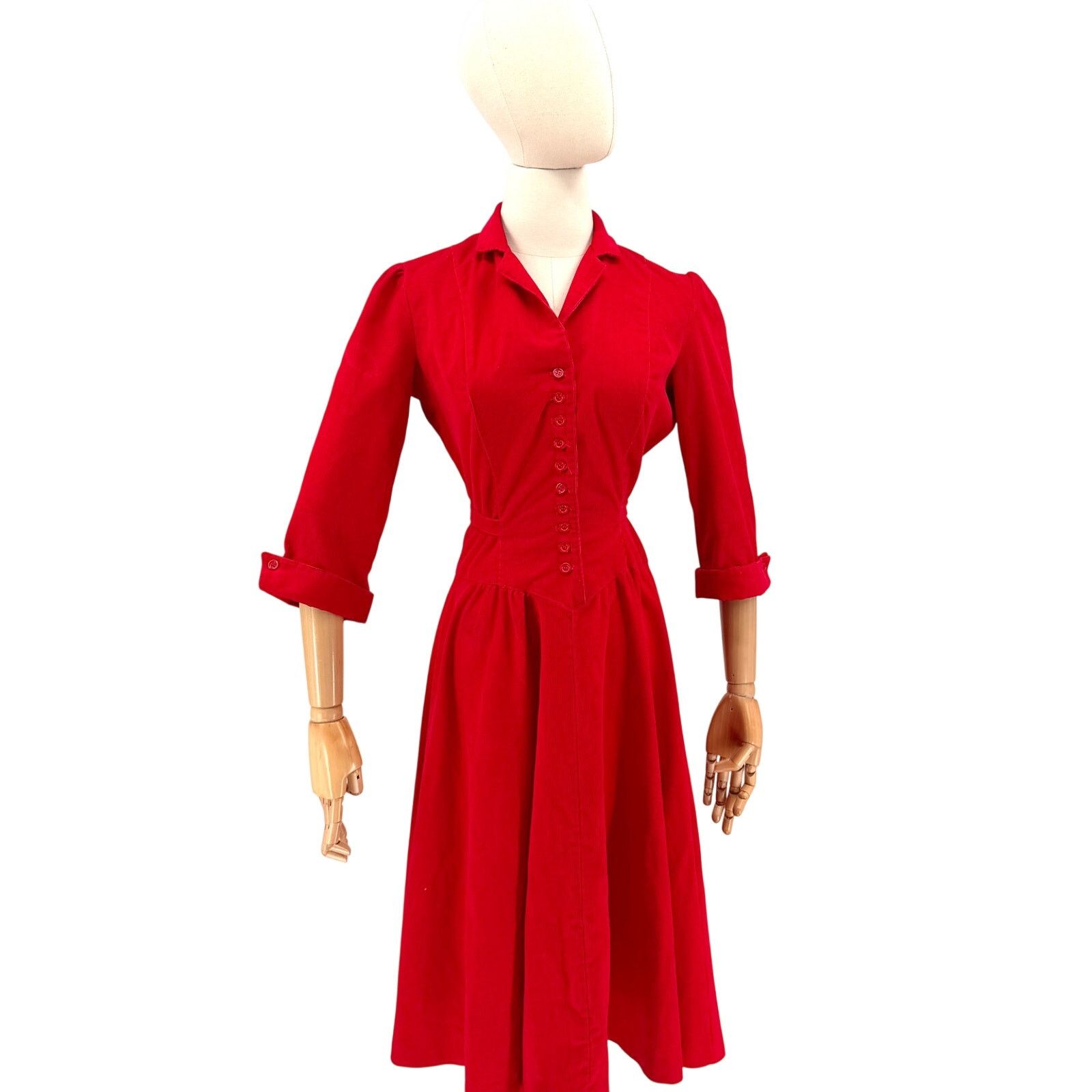 Vintage Vintage 80s Red Corduroy Sweetheart Bodice Dress Size S / US 4 / IT 40 - 1 Thumbnail