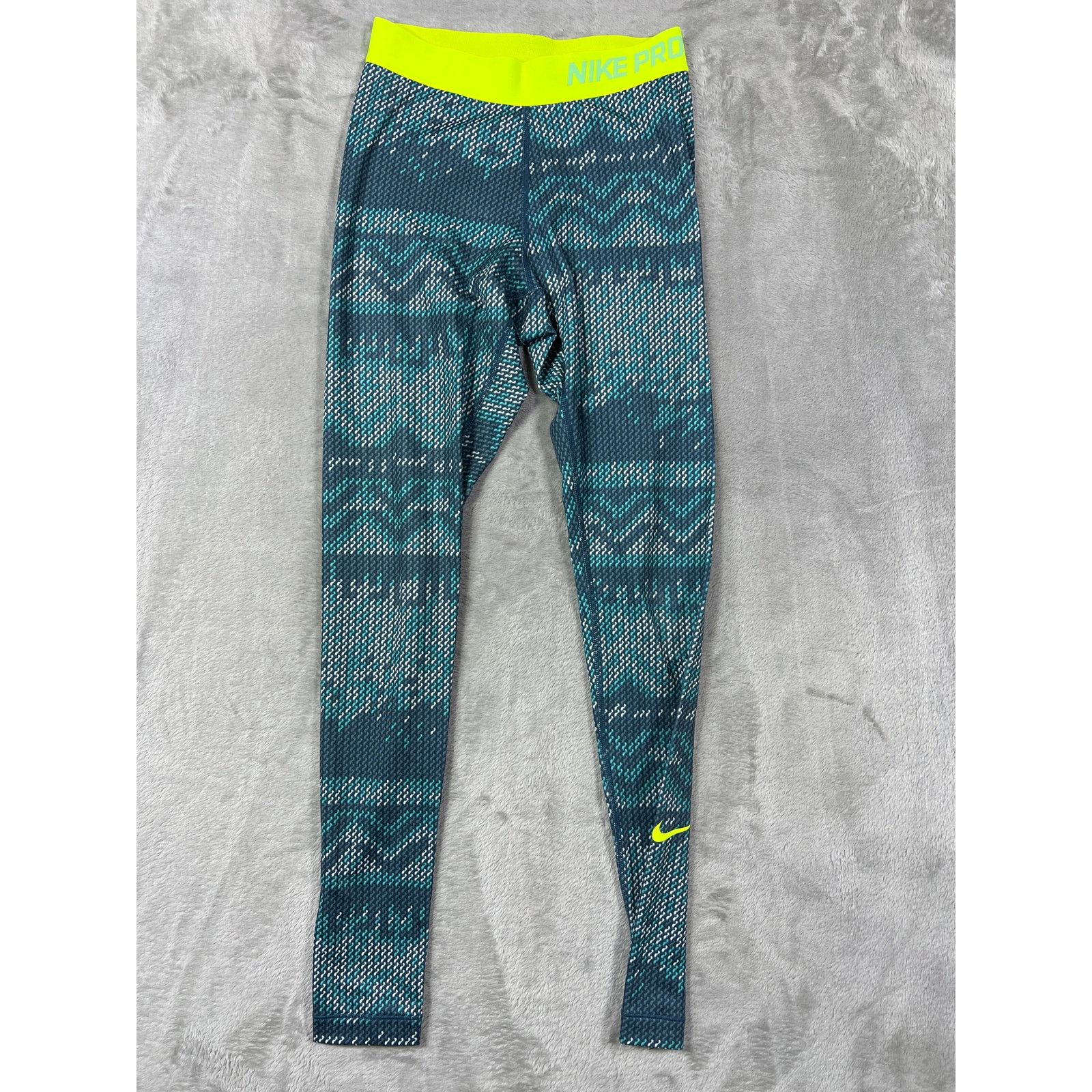 Nike Nike Pro Dri-FIT Teal Print Leggings Neon Waist XS Athletic Size 25" / US 0 / IT 36 - 1 Thumbnail