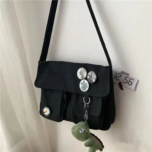 Vintage Women Black Canvas Messenger Bag Size ONE SIZE - 2 Thumbnail