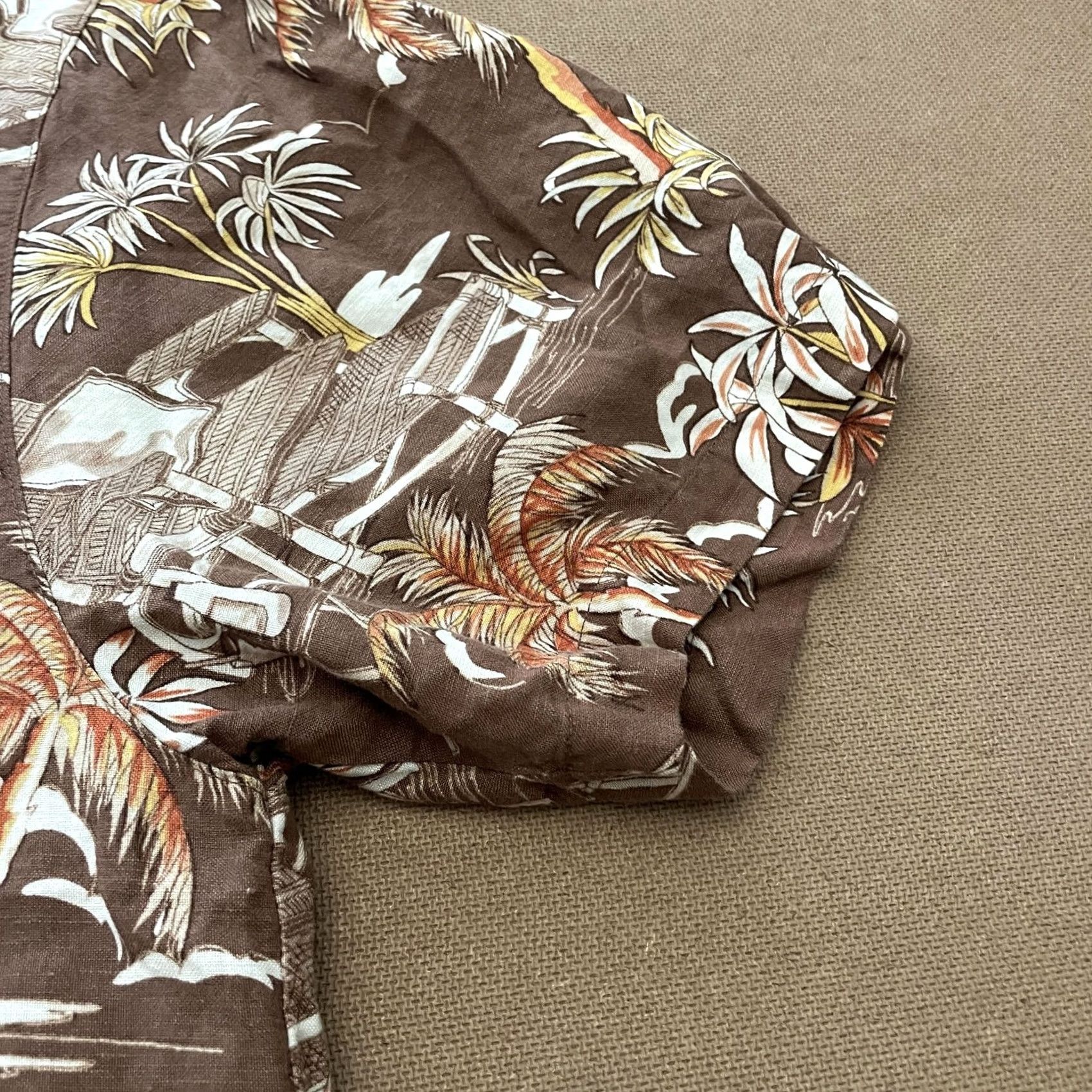 Vintage Caribbean Joe Shirt Mens XL Brown Floral Palm Tree Linen Blend Hawaiian Beach Size US XL / EU 56 / 4 - 4 Thumbnail