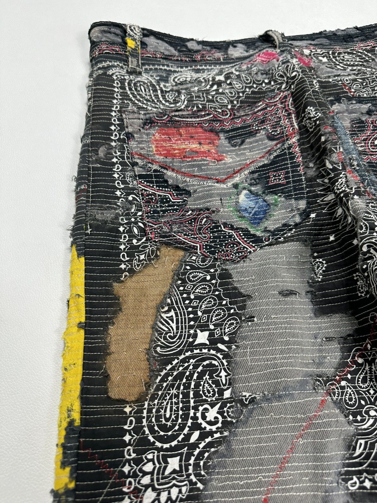 Handmade Custom Made Distressed Paisley Patchwork hemless Jeans pants Size US 30 / EU 46 - 12 Thumbnail
