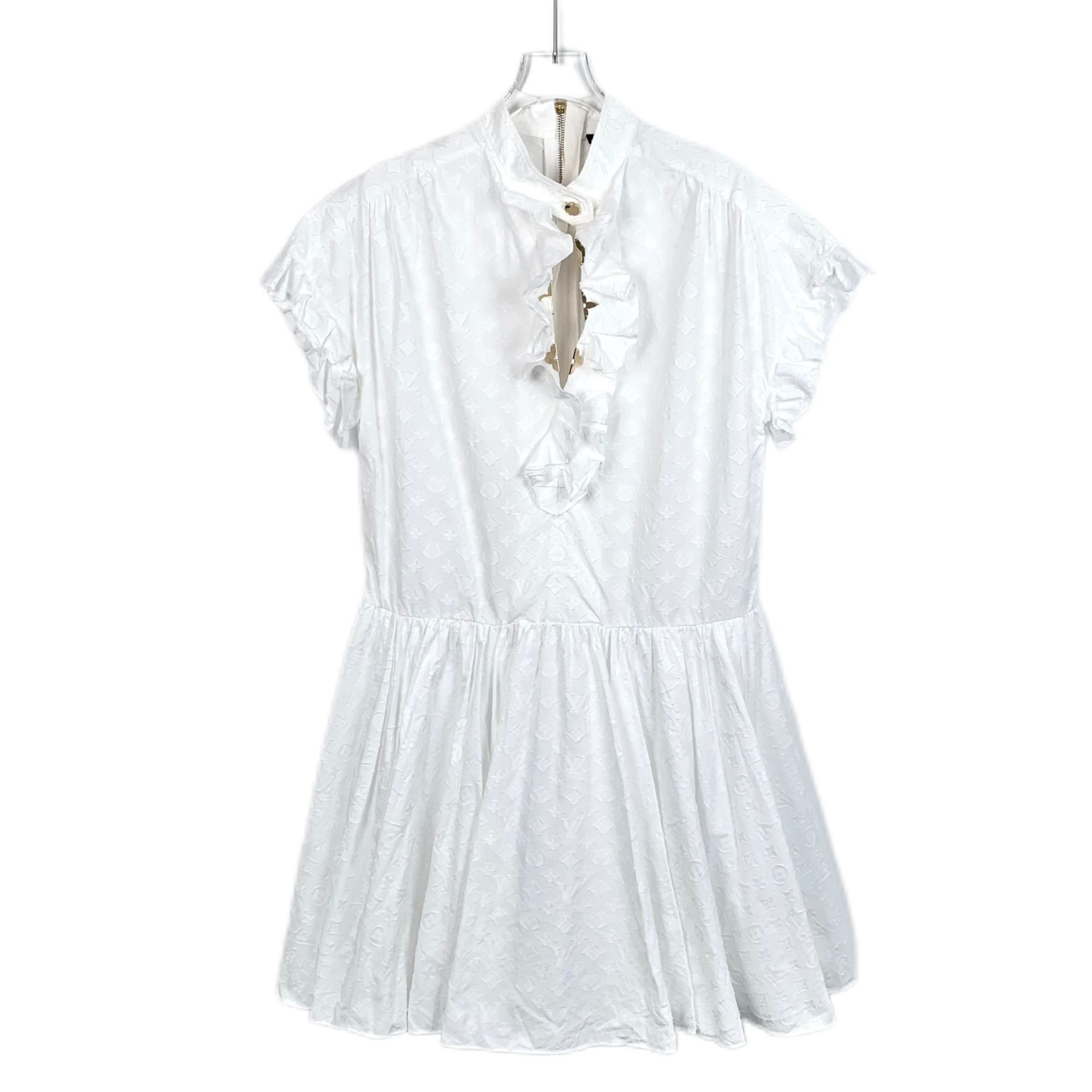 Louis Vuitton White Monogram Cotton Lace-Trim Short-Sleeve D