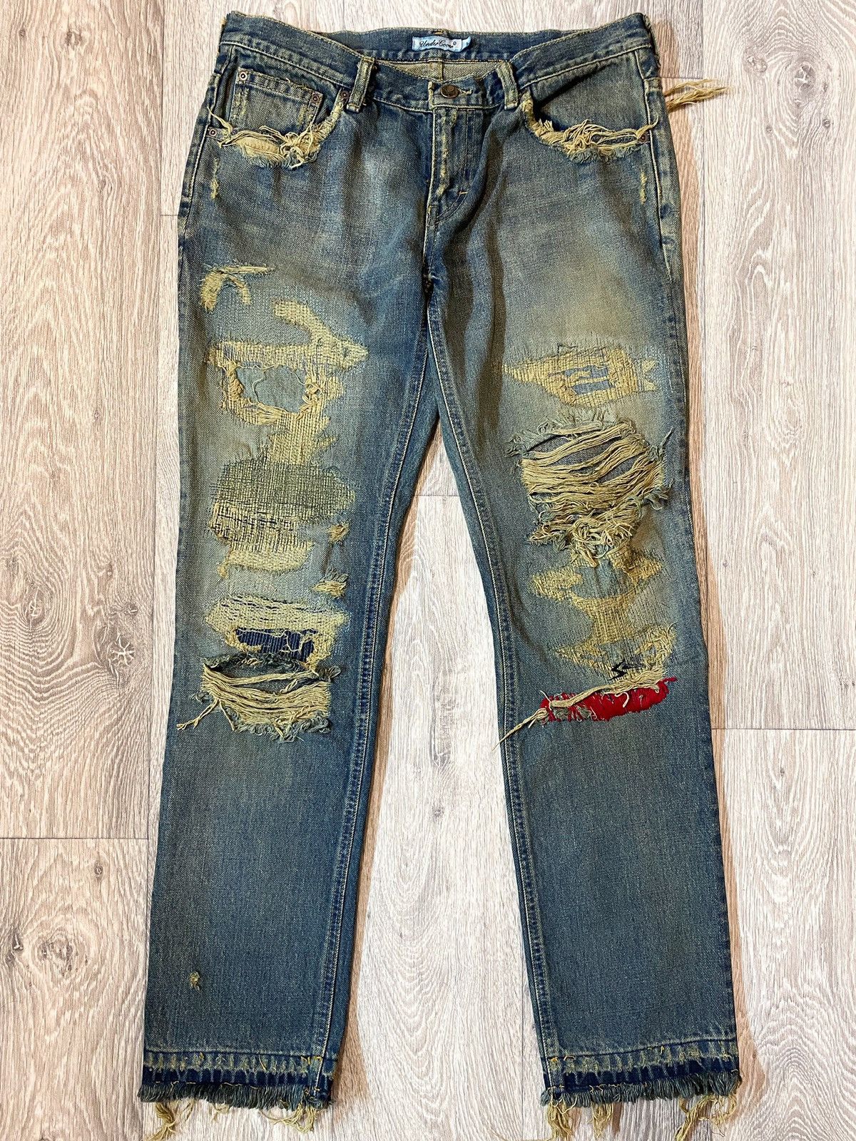 image of Undercover 68 Red Yarn Denim Distressed Aw04 “But Beautiful” in Blue, Men's (Size 30)