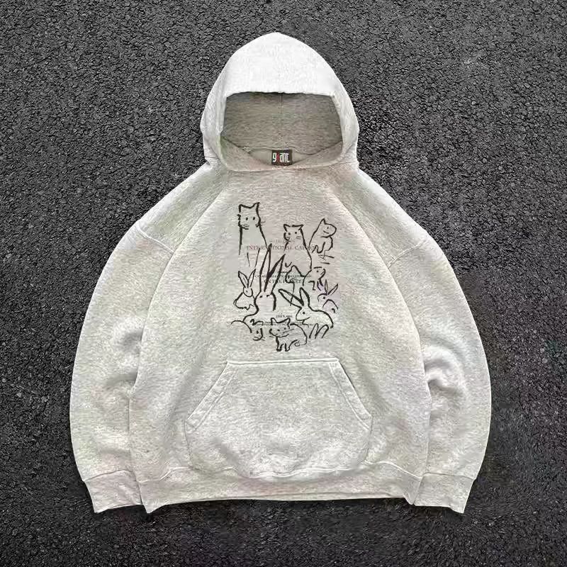 Gray retro hoodie with cartoon rabbit pattern y2k