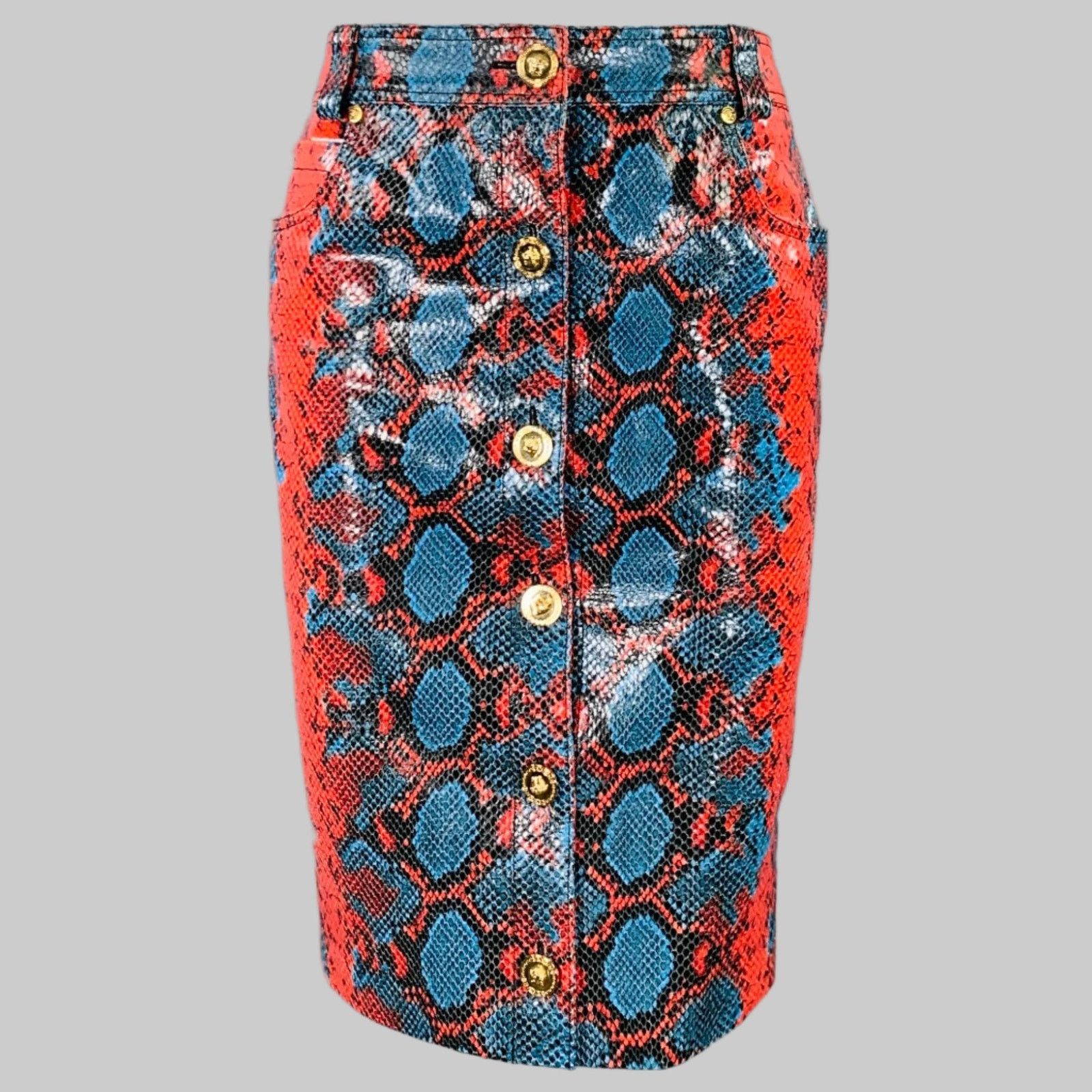 Versace VERSACE Size S Red Blue Leather Snake Embossed Pencil Skirt Size 27" / US 4 / IT 40 - 1 Thumbnail