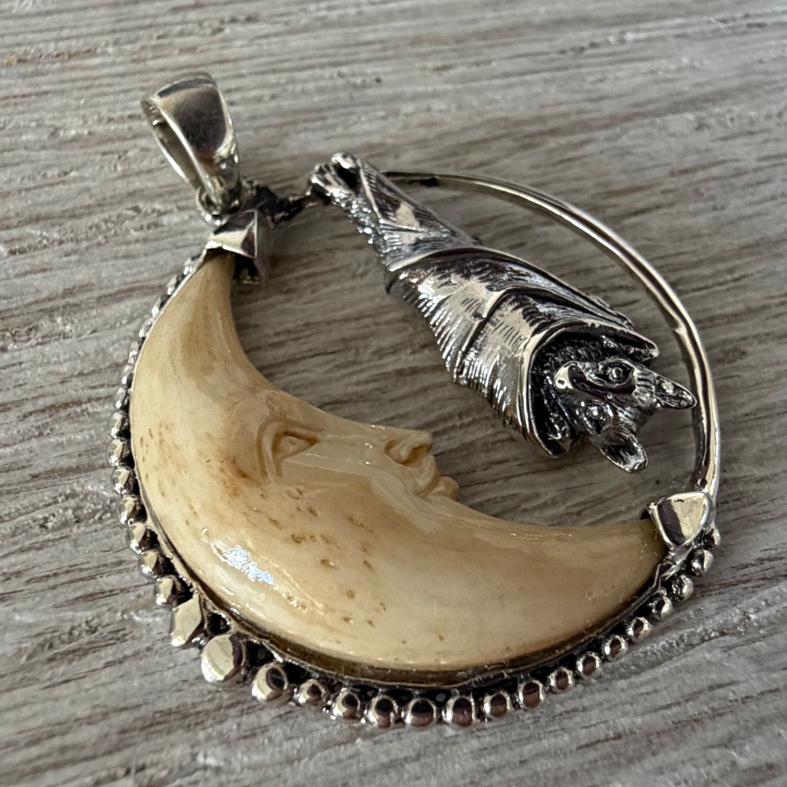 Other Sterling Silver Bat Moon Pendant Carved Tea Bone Gothic Size ONE SIZE - 5 Thumbnail