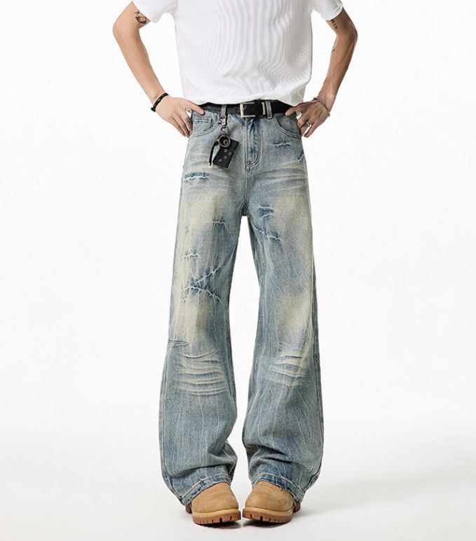Japanese Brand American washed men's distressed wide-leg jeans Size US 32 / EU 48 - 1 Thumbnail