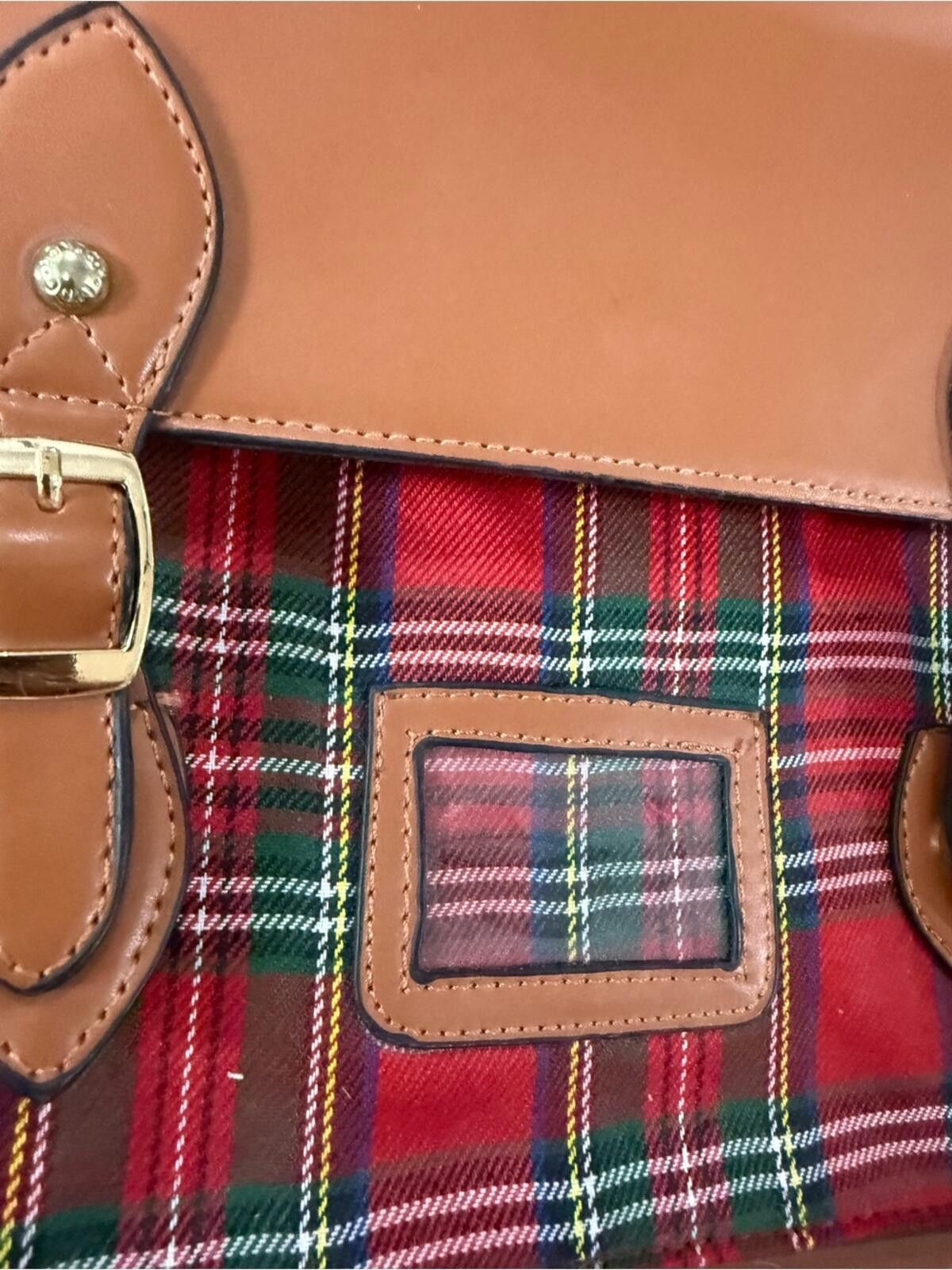 Robyn Lynch Tan Leather Satchel with Red Tartan Front Pocket Size ONE SIZE - 7 Thumbnail