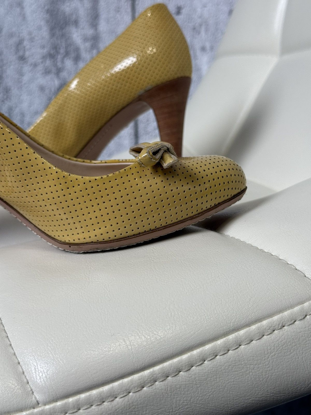 Prada Prada Sport Yellow Perforated Leather Bow Wooden Heel Pumps Size US 8 / IT 38 - 16 Thumbnail
