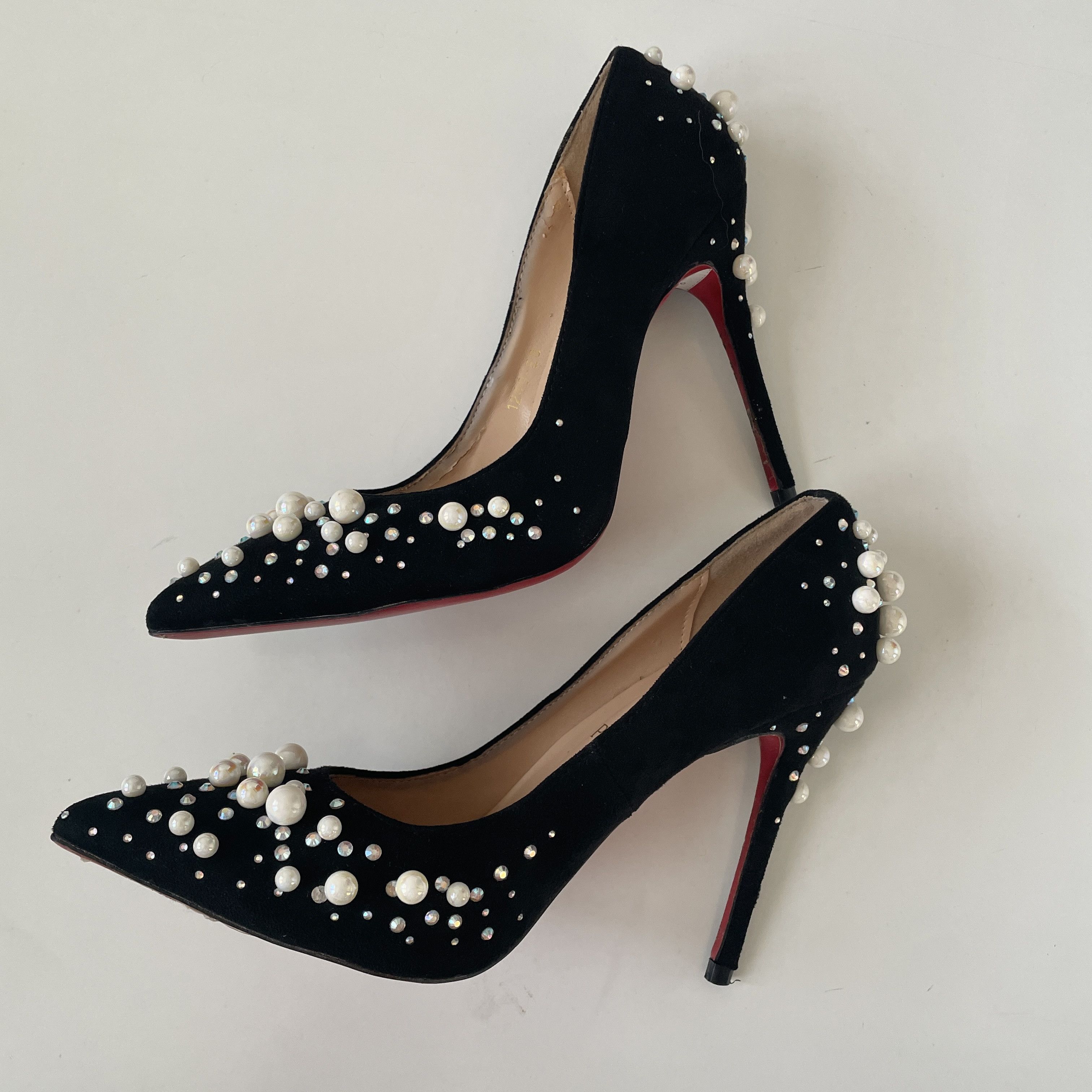 Christian Louboutin RARE 👠 Christian Louboutin Black Suede Embellished Pump Size US 5 / IT 35 - 4 Thumbnail