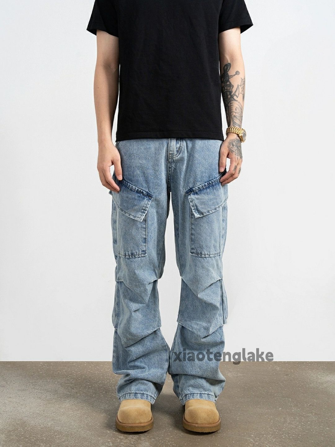 Jean × Vintage washed faded pleated yuppie bootcut cargo jeans Size US 28 / EU 44 - 1 Thumbnail