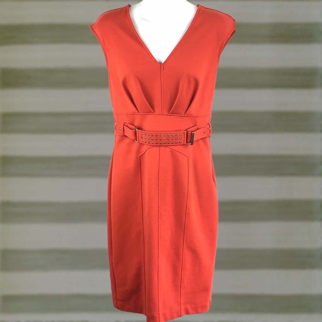Vintage VINTAGE Jennifer Lopez Dress Sleeveless Sheath 6 Orange V-Neck Stud Belt Knee Length Career Workwear Women Women's Size M / US 6-8 / IT 42-44 - 1 Thumbnail