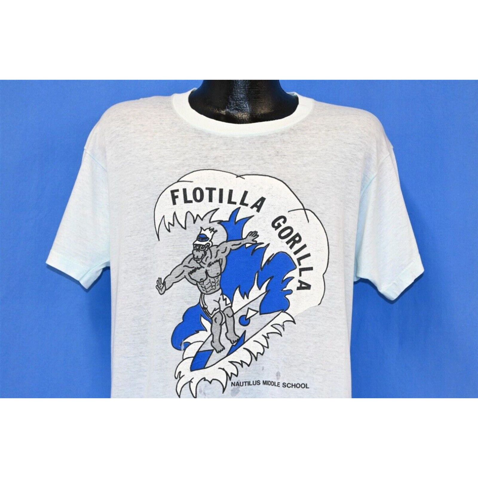 image of Vintage 80's Flotilla Gorilla Surf Nautilus Middle School Distressed T-Shirt L in White (Size Large