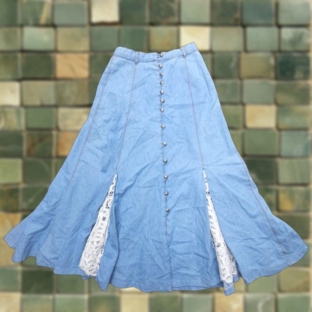 Vintage VINTAGE Panhandle Slim Denim Skirt Adult Size 7 Blue Lace A-Line 90s Southwestern Boho Womens Size 28" / US 6 / IT 42 - 1 Thumbnail