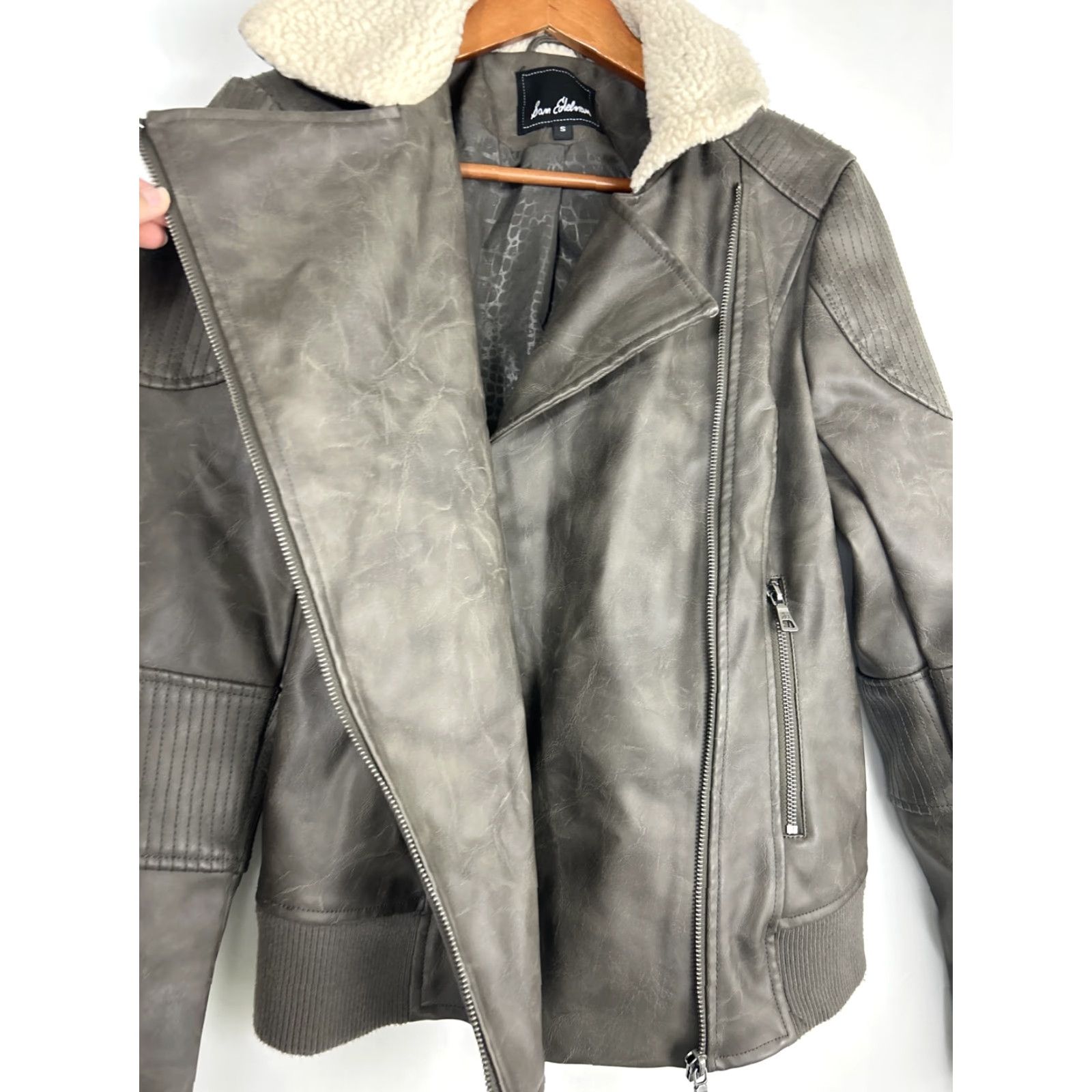 Sam Edelman Sam Edelman Moto Jacket With Sherpa Collar Vegan Faux Leather Womens Small Gray Size S / US 4 / IT 40 - 7 Thumbnail