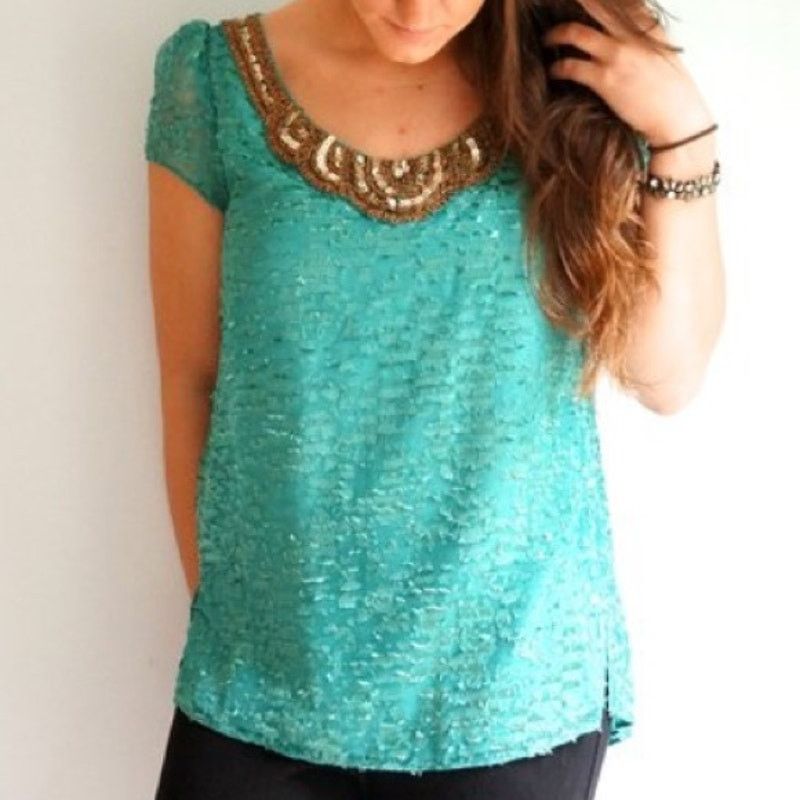 Neiman Marcus Sachin + Babi for Anthropologie Carcanet Blouse Aqua Green Size S / US 4 / IT 40 - 3 Thumbnail