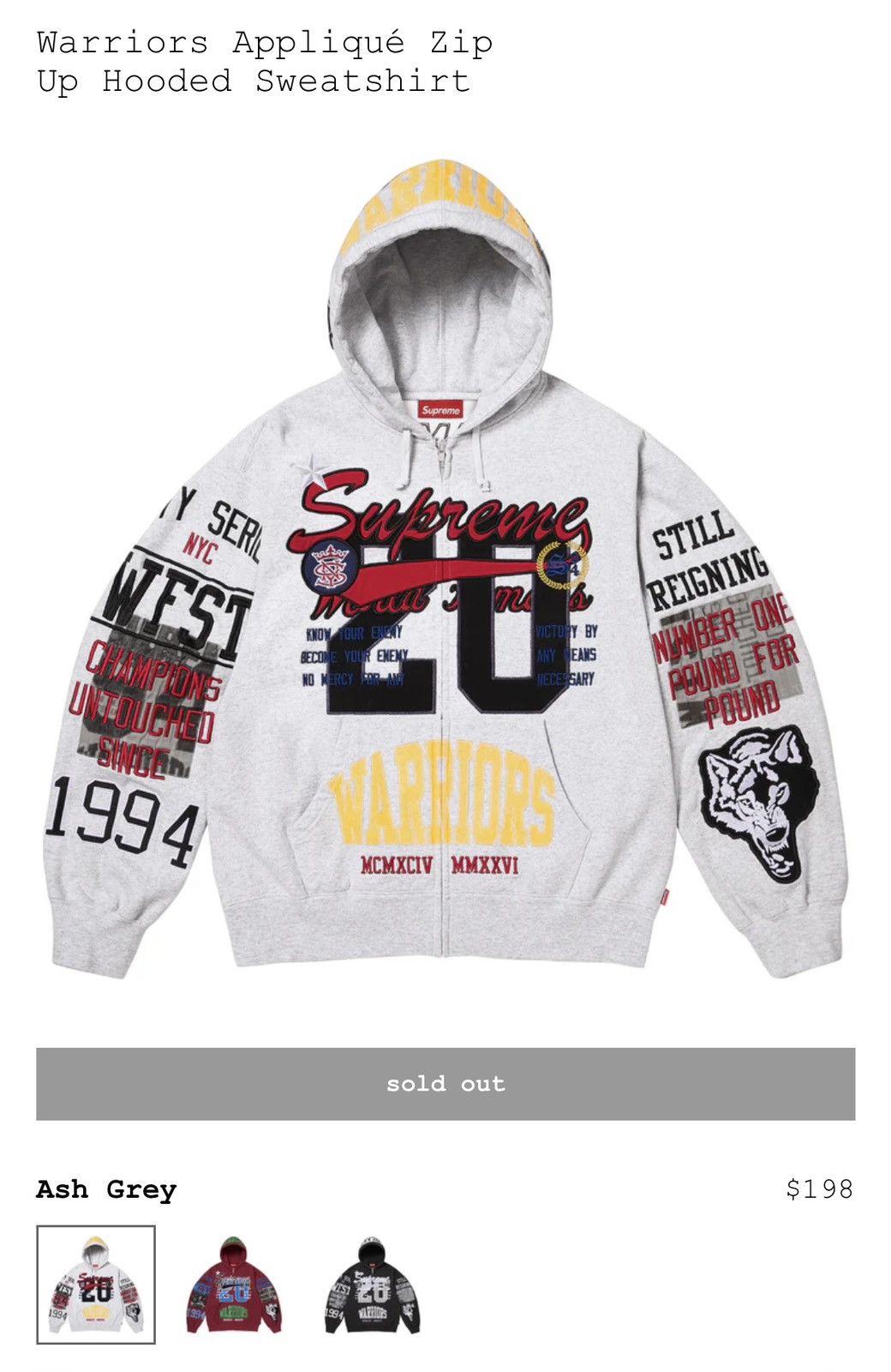 Supreme Supreme Warriors Appliqué Zip Up Hoodie Size US XL / EU 56 / 4 - 1 Thumbnail
