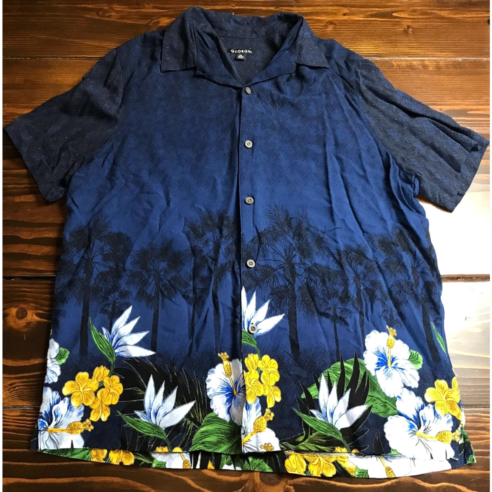 George George Shirt Men's Large Navy Blue Floral Button Up Hawaiian Top Size US L / EU 52-54 / 3 - 2 Thumbnail