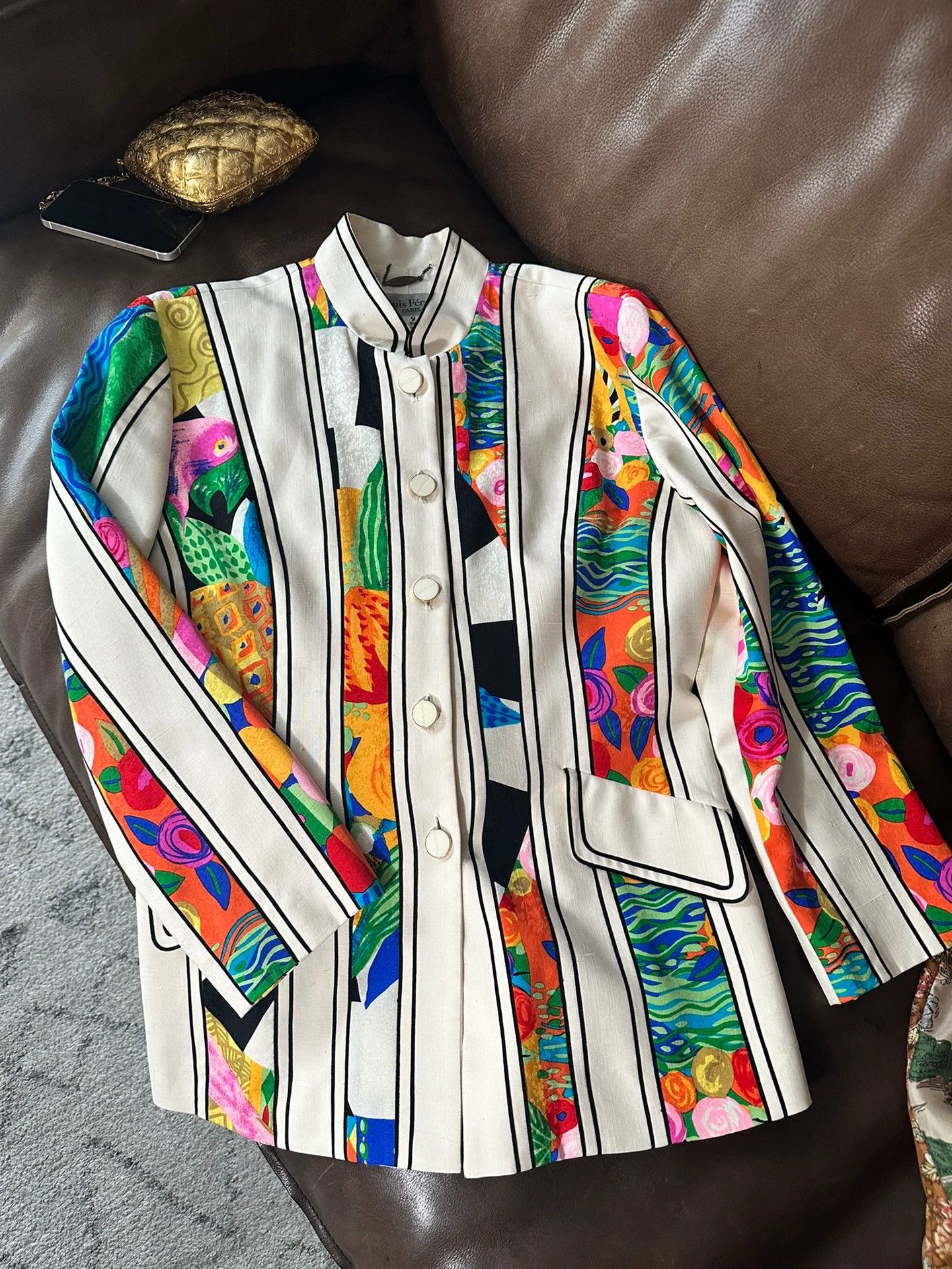 Louis Feraud Louis Feraud White Silk Jacquard Fruit Color-Block Blazer Size M / US 6-8 / IT 42-44 - 5 Thumbnail