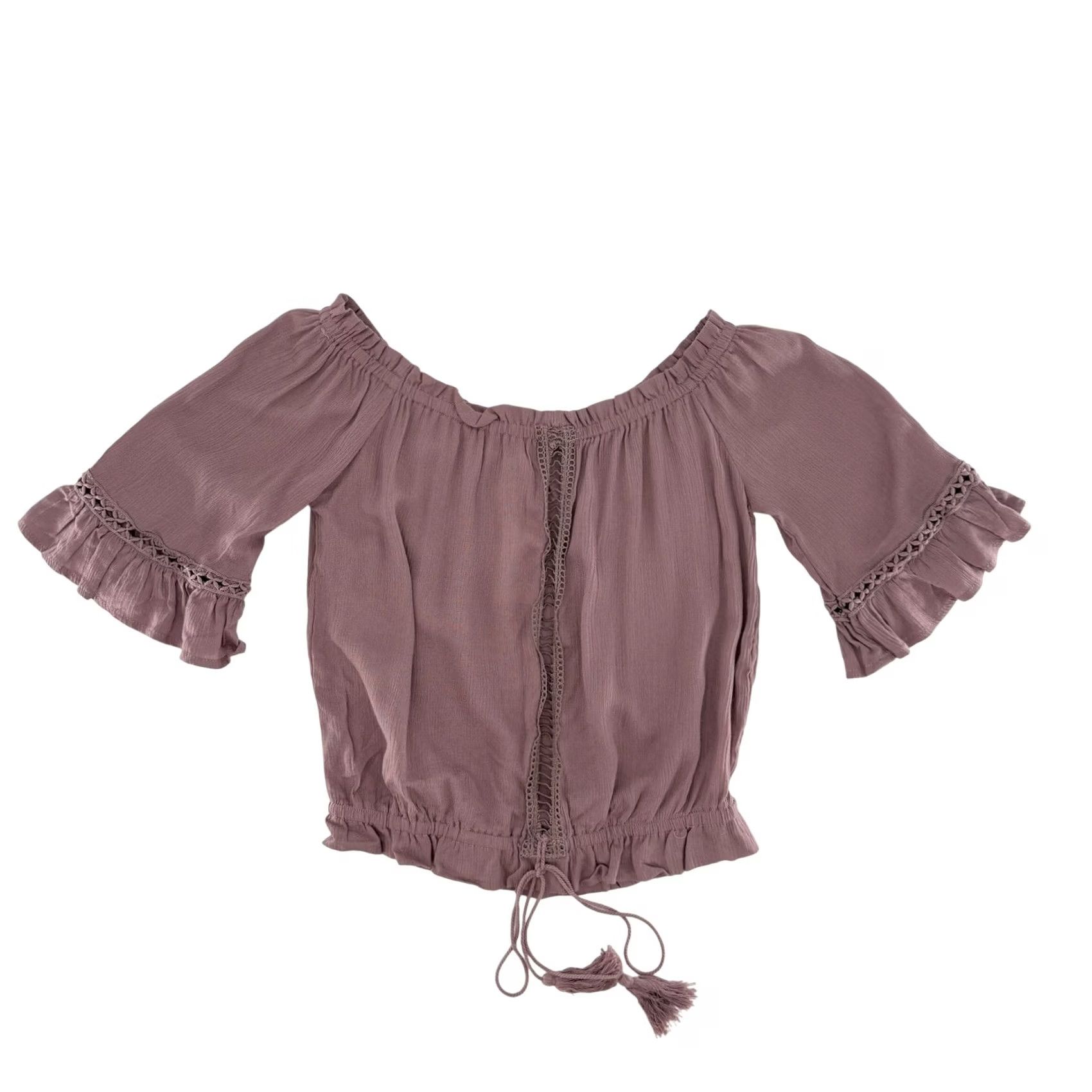 Pinko LA Hearts Blouse Size M Mauve Pink Off The Shoulder Crochet Trim Drawstring NWT Size M / US 6-8 / IT 42-44 - 4 Thumbnail