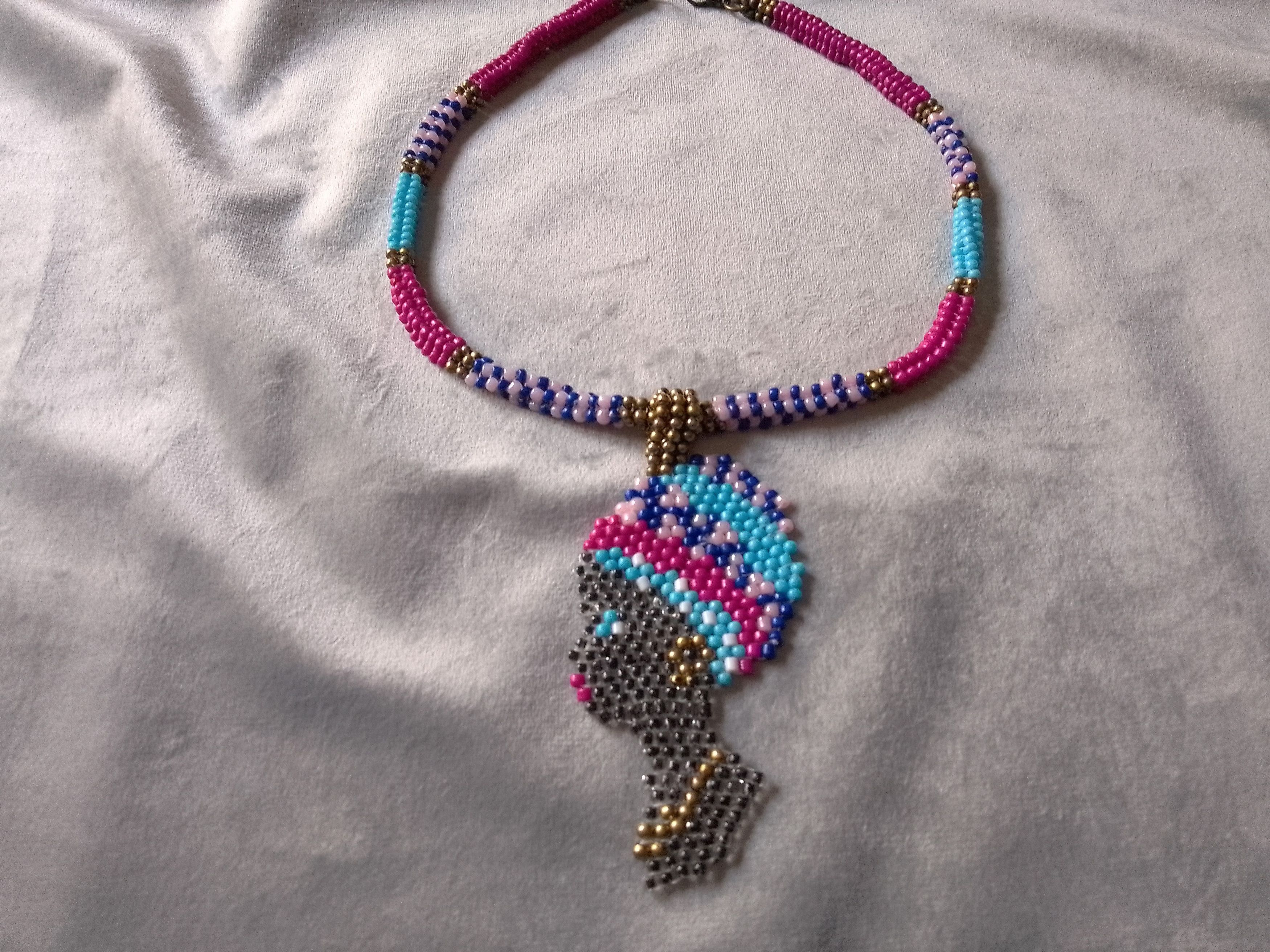 Handmade Necklace Pink Blue Ethnic Tribal Pendant African Woman Size ONE SIZE - 1 Thumbnail