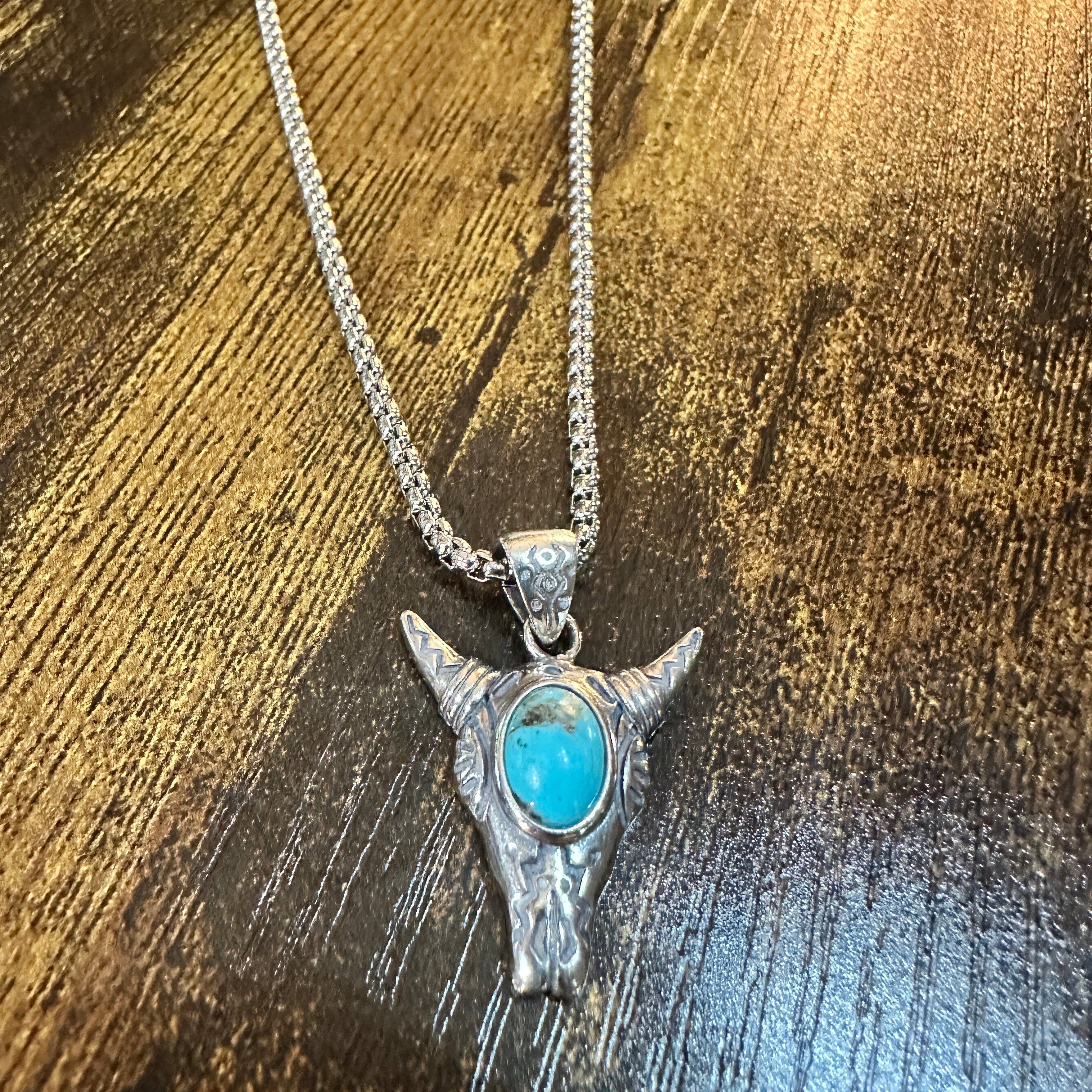 Other Boho Turquoise-Embellished Cow Skull Chain Necklace: 18" Ste Size ONE SIZE - 4 Thumbnail
