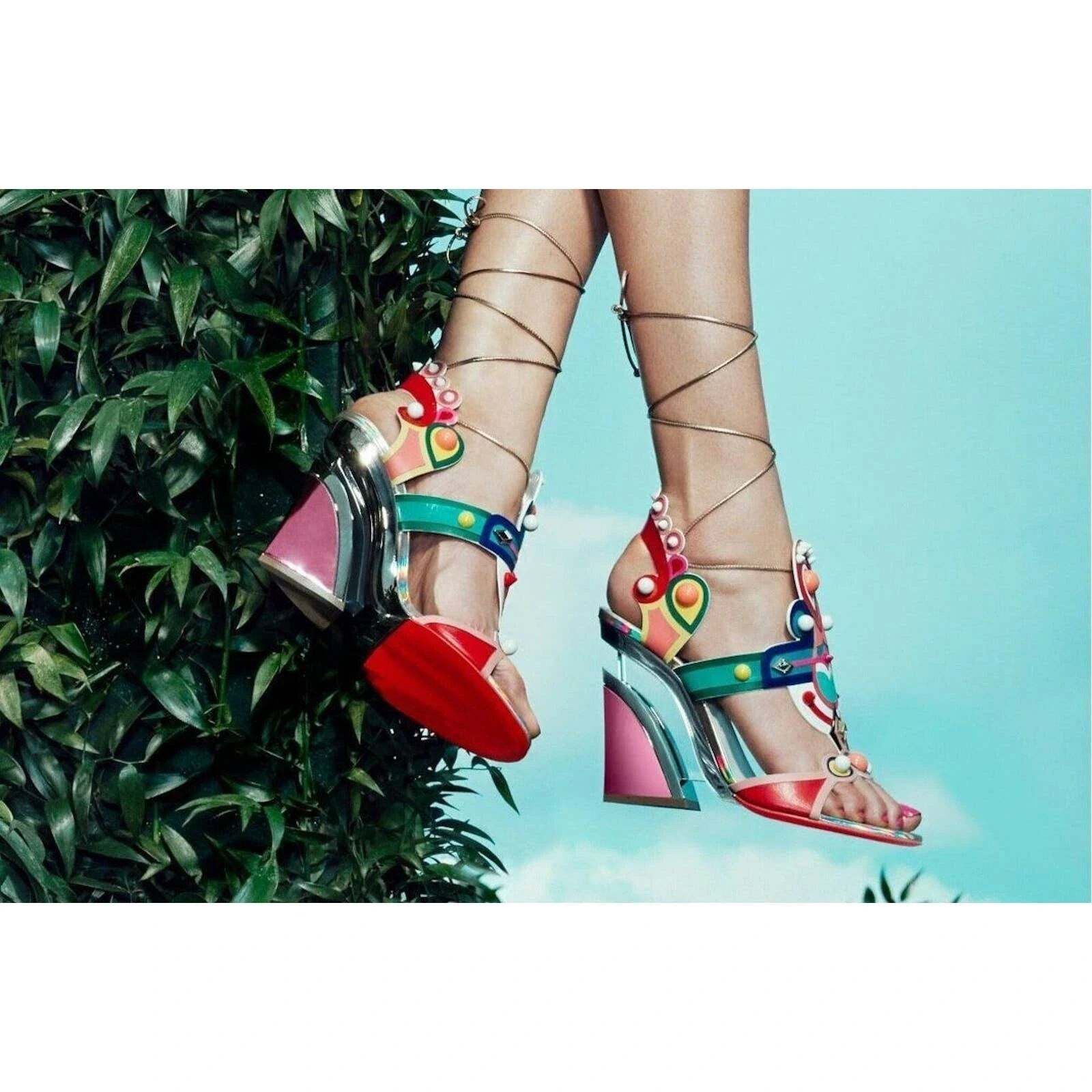 Christian Louboutin Papagaya Levita 100 Multicolor Lace Up Wedge Sandal Heel 37 Size US 7 / IT 37 - 3 Thumbnail
