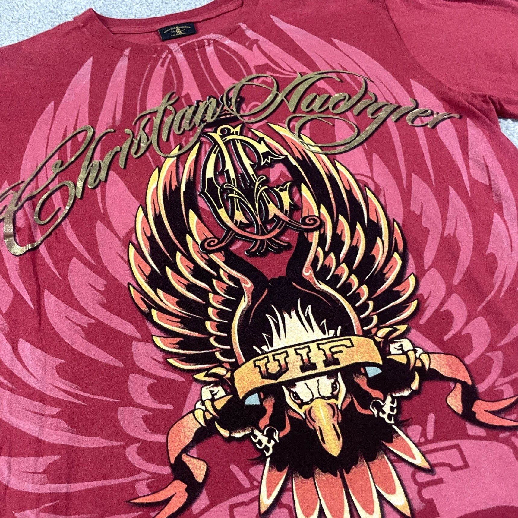 Vintage Christian Audigier T shirt Men’s L Red Short Sleeve AOP Gold Eagle Rose Rare* Size US L / EU 52-54 / 3 - 4 Thumbnail