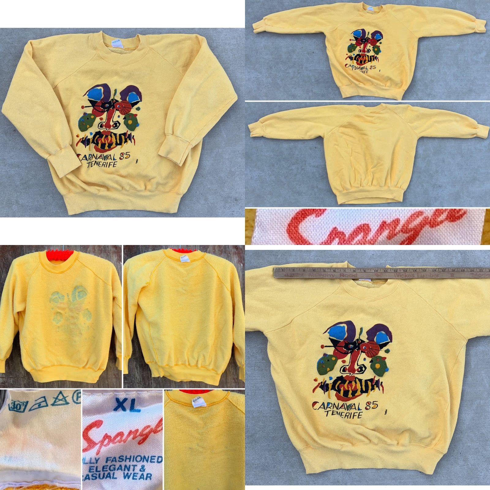 Vintage VINTAGE Carnaval 85 Tenerife Cesar Manrique Art Sweatshirt Raglan 1980s XL Yellow Unisex Adults Pullover Graphic Print 80s Men Women Size US XL / EU 56 / 4 - 10 Thumbnail