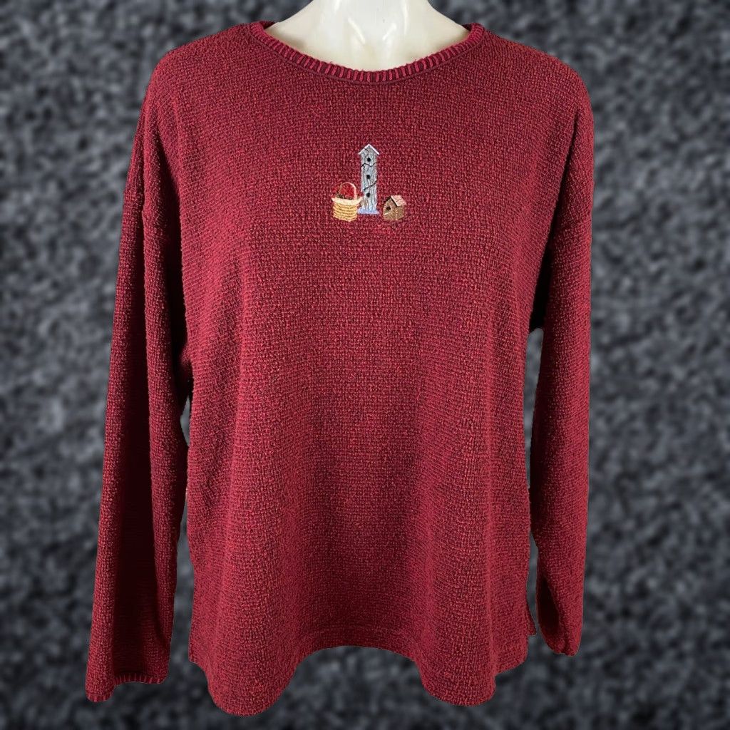 Vintage VINTAGE Grandma Sweatshirt Womens XL Embroidered 90s Cottage Birdhouse USA F3 Artisans Cardigan Knit Crew Neck Red Cotton Blend Long Sleeve Size XL / US 12-14 / IT 48-50 - 1 Thumbnail