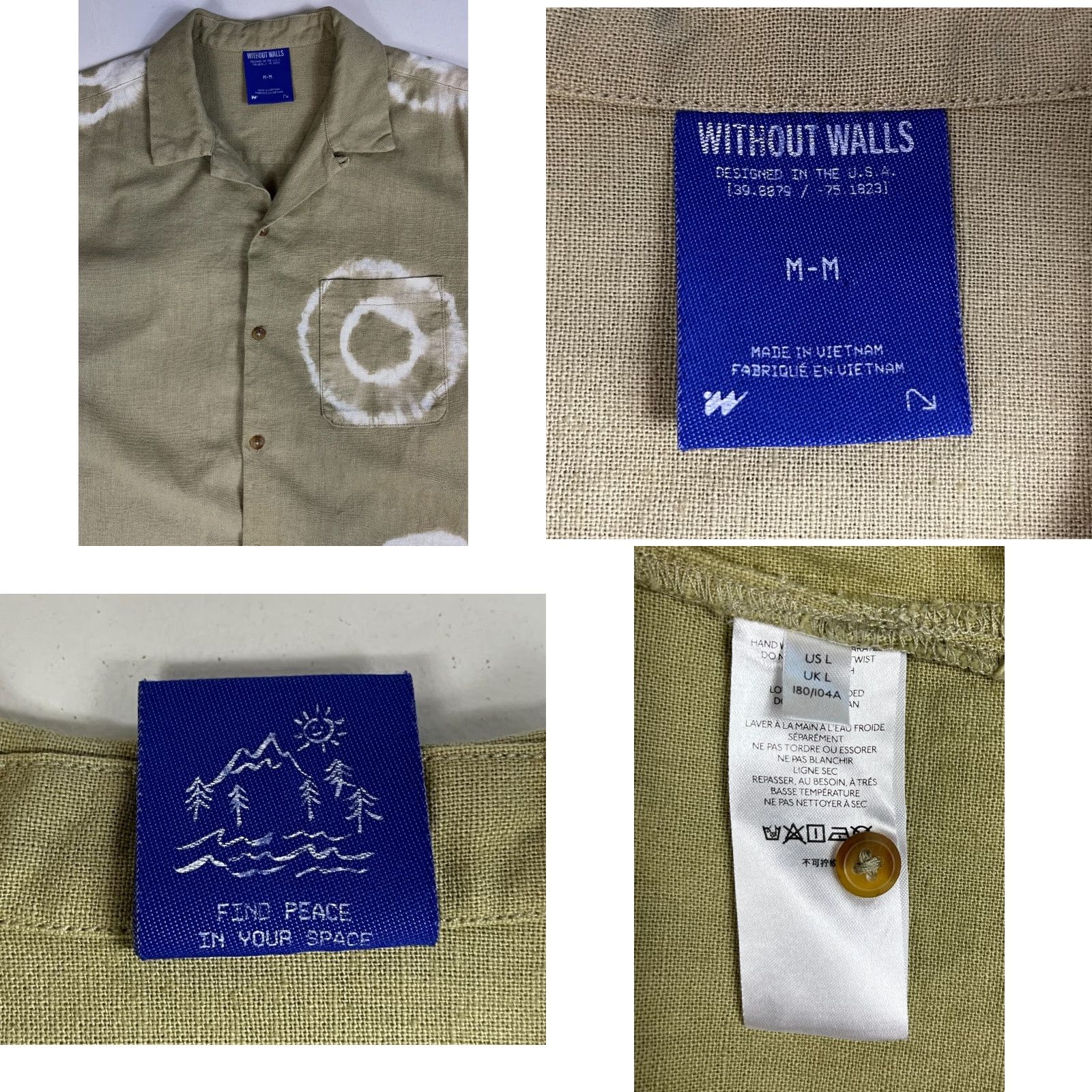 Walls Without Walls Shibori Dye Camp Collar Shirt Linen Cotton Blend Sz L Mens Shirt Size US L / EU 52-54 / 3 - 8 Thumbnail