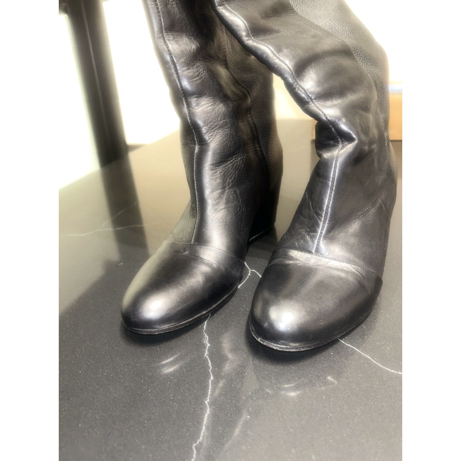 Vince Vince Madison Black Leather Wedge Boots 7 1/2 Knee Hi Lined Dress Boot Womens Size US 7 / IT 37 - 3 Thumbnail