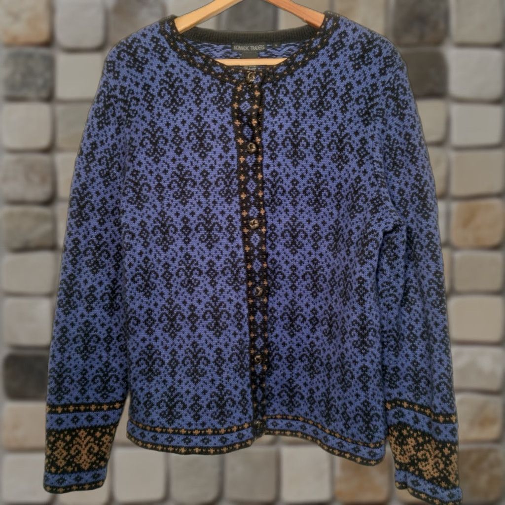 Vintage VINTAGE Nomadic Traders Cardigan Sweater Women L Blue Fleur De Lis Nordic Button Up Cardigan Womens Large Size L / US 10 / IT 46 - 1 Thumbnail