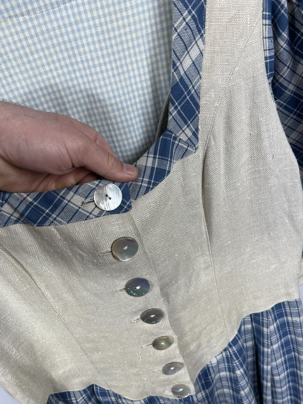 Other Vintage Dirndl Style Dress Blue Plaid Linen Folk Maxi Dress Size M / US 6-8 / IT 42-44 - 4 Thumbnail