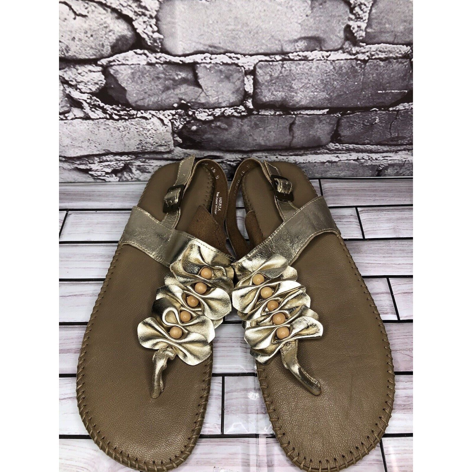 LITTLE AFRICA Soul of Africa Brown Leather Flower Ruffle Slingback Sandals Size US 11 / IT 41 - 2 Thumbnail
