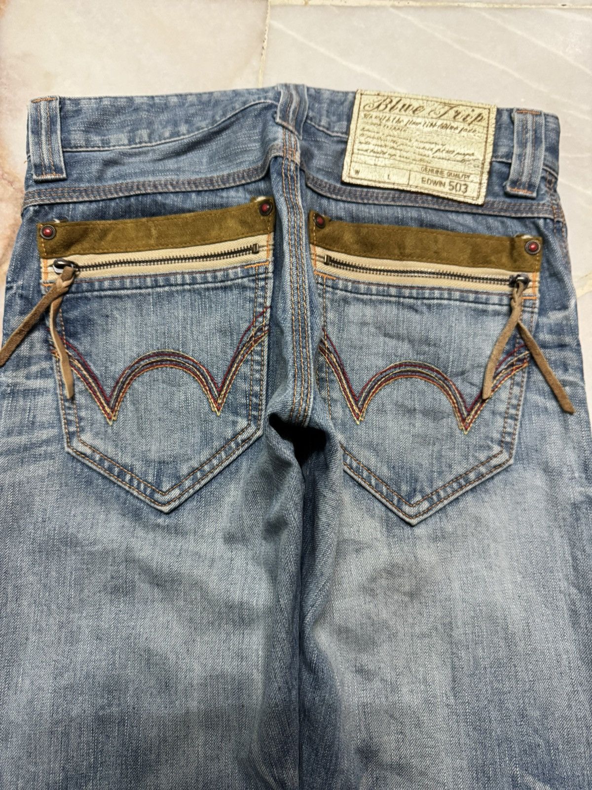 Edwin ⚡️FLARED⚡️VINTAGE EDWIN BLUE TRIP 503 RARE HONEYCOMB MUDPUNK Size US 29 - 13 Thumbnail