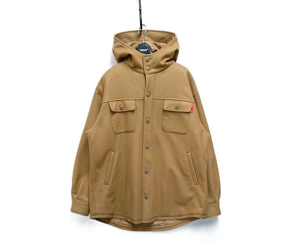 Jacket Hooded Wool Button Up Slash Flap Pocket Plain Beige
