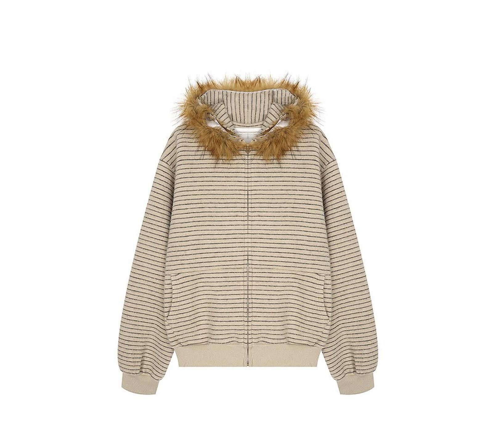 Japanese Brand Beige Striped Faux Fur Trim Zip-Up Hoodie Size M / US 6-8 / IT 42-44 - 1 Thumbnail