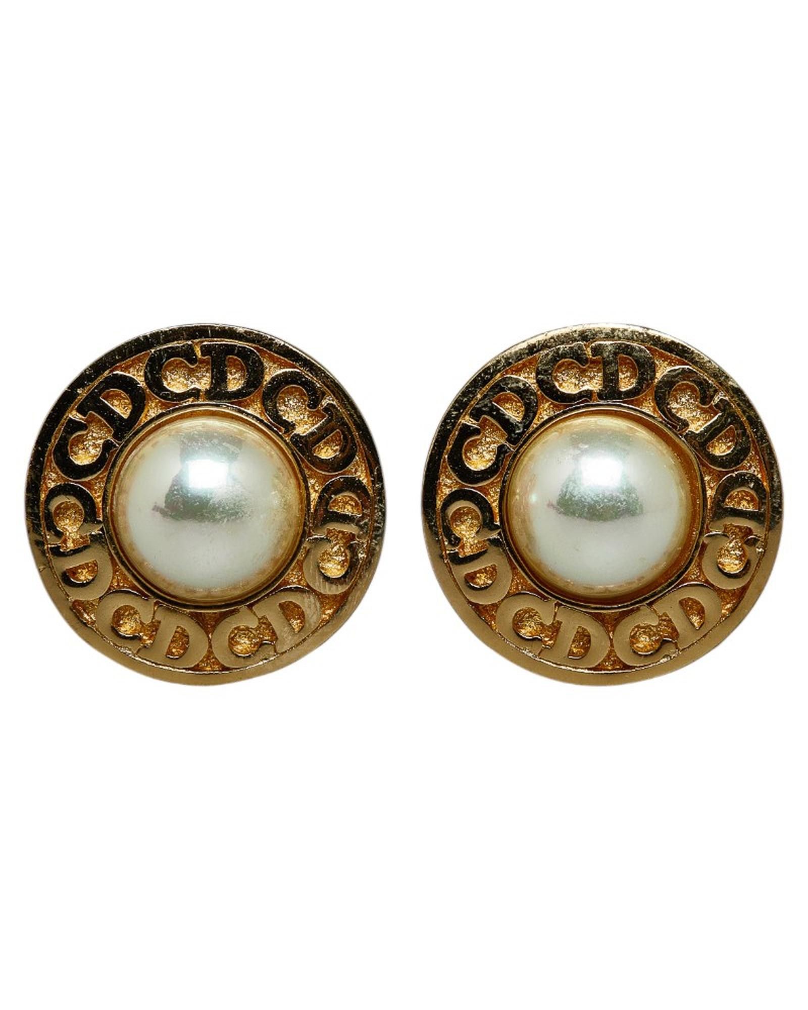 image of Dior Gold Faux Pearl Clip On Earrings, Women's