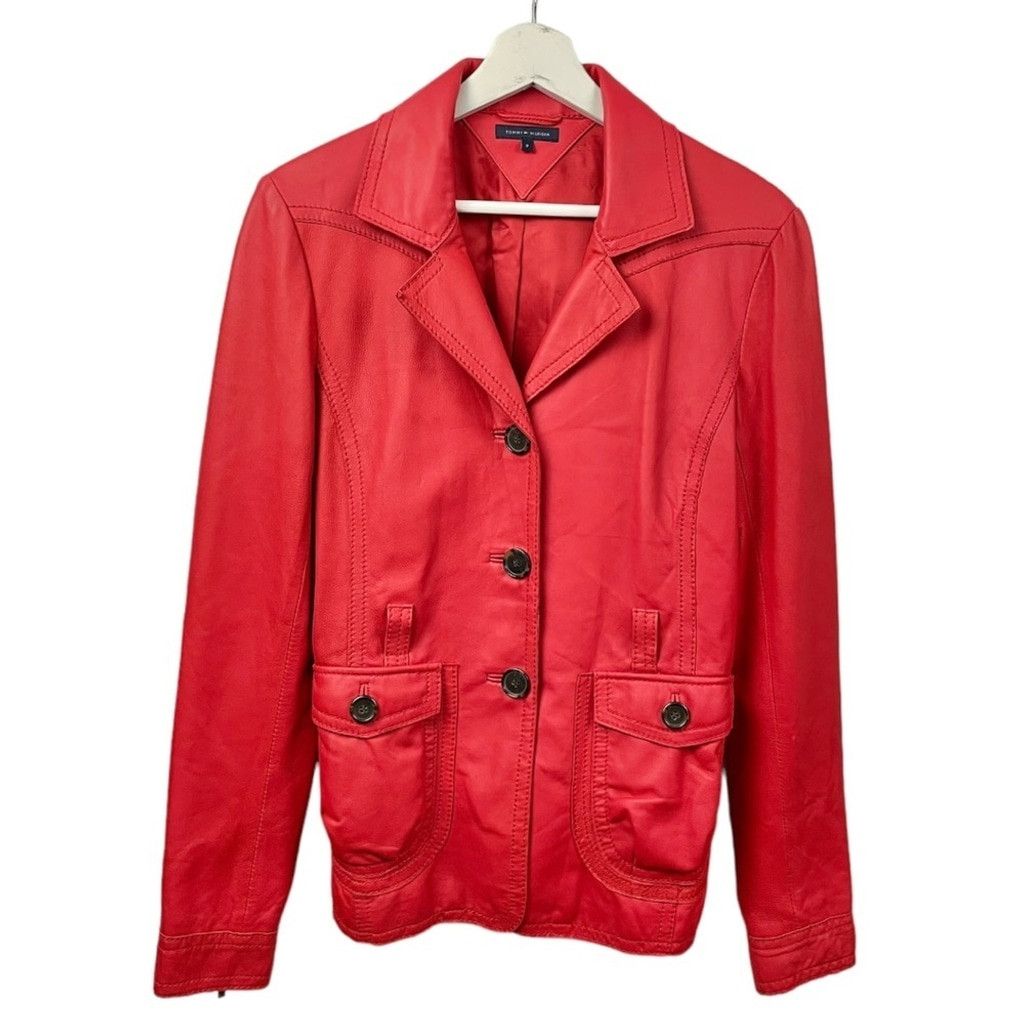 Tommy Hilfiger Tommy Hilfiger Red Leather Raw Edge 3 Button Blazer Size 8 Size M / US 6-8 / IT 42-44 - 2 Thumbnail