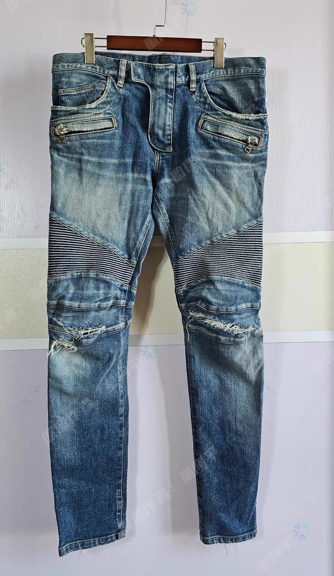 Balmain Blue Distressed Denim Pants with Striped Accents Size US 34 / EU 50 - 1 Thumbnail