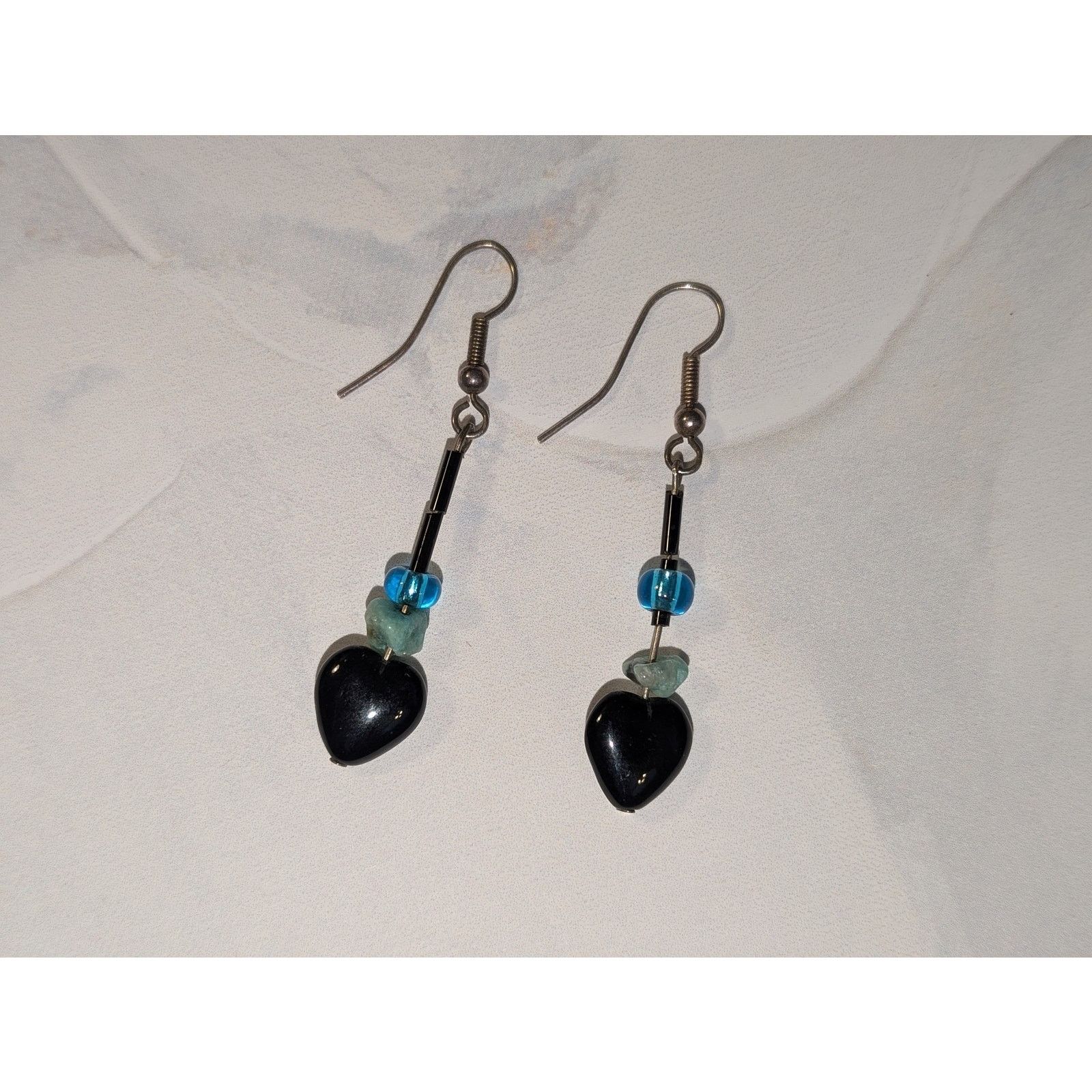 Vintage VTG 1980 Silver-Tone Turquoise & Black Heart Dangle Earrings Size ONE SIZE - 2 Thumbnail