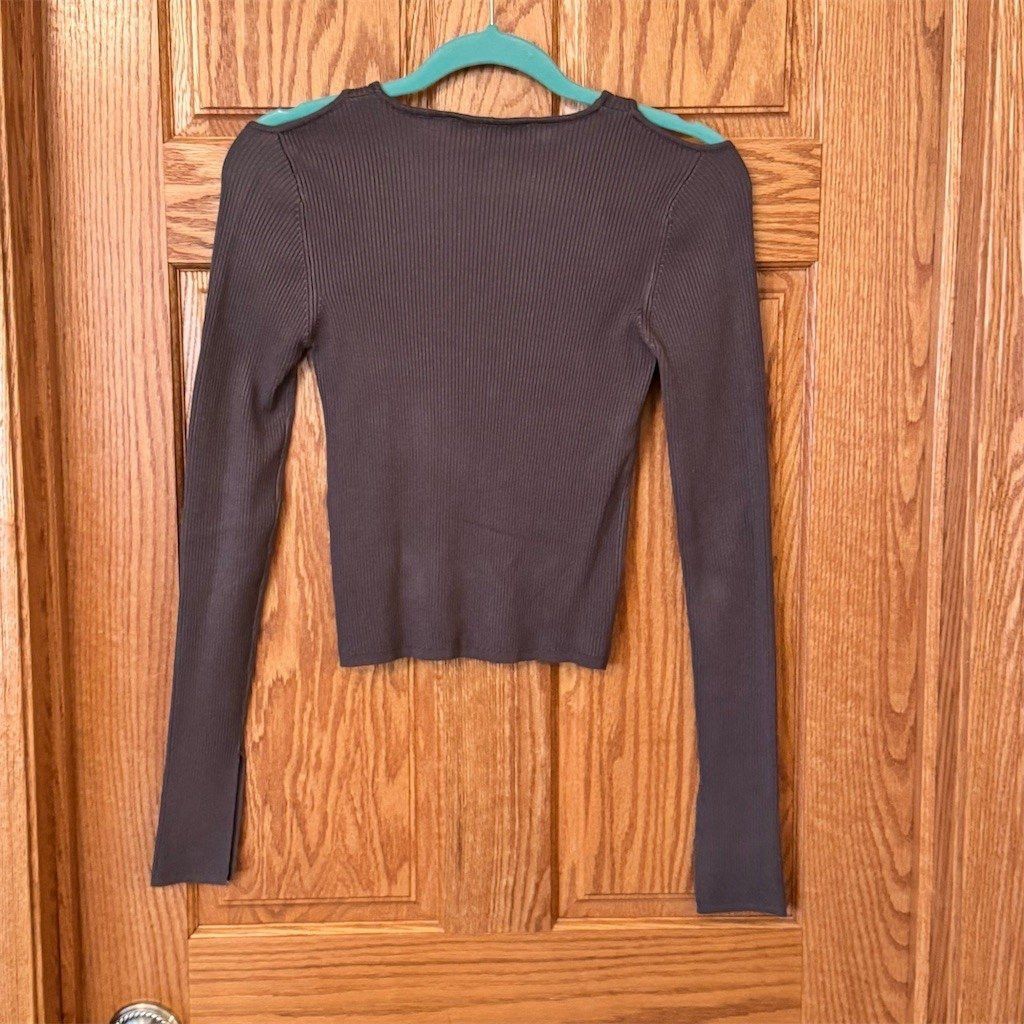Zara ZARA Cropped Top Womens M Brown Taupe Ribbed Knit Cutout Sh Size M / US 6-8 / IT 42-44 - 2 Thumbnail