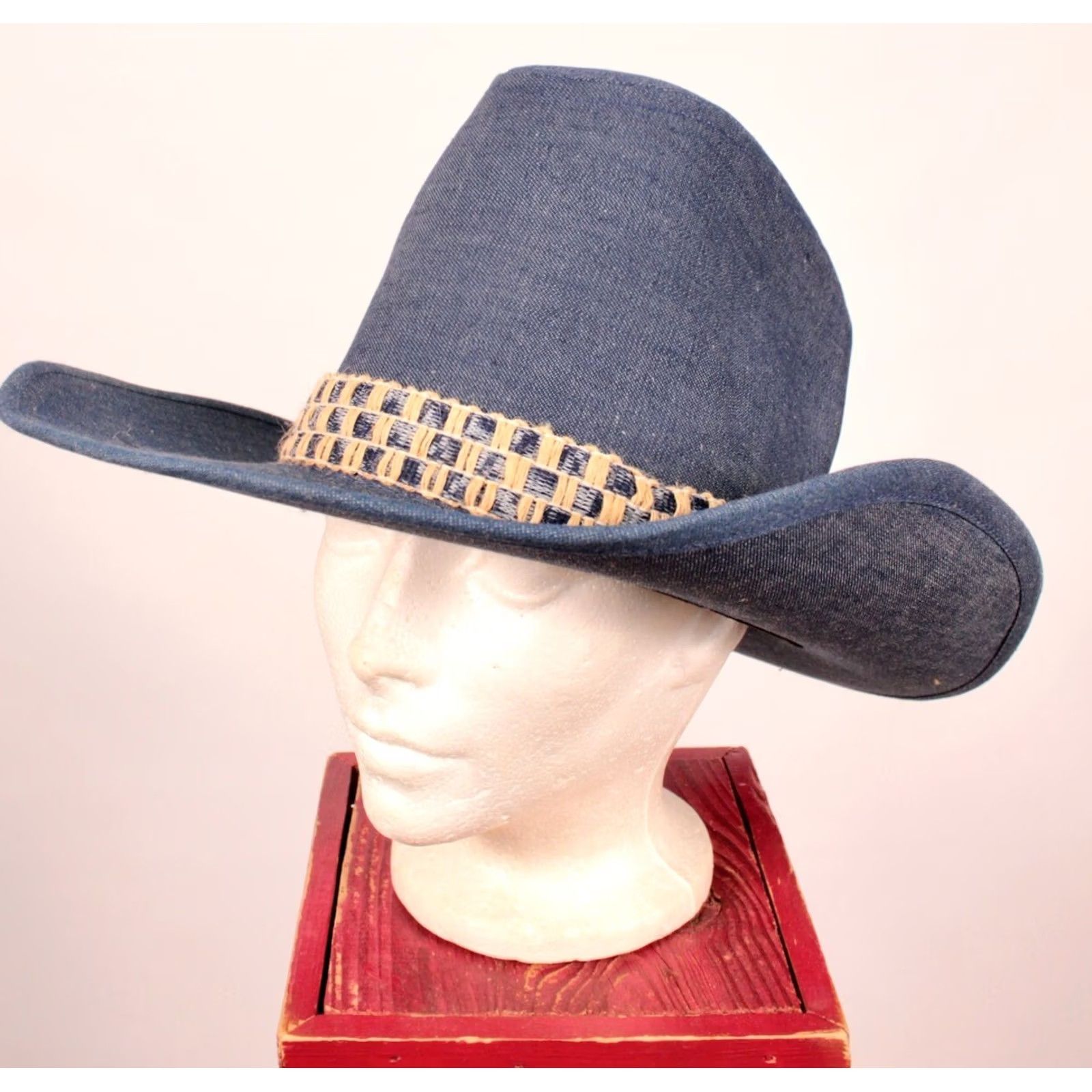 Vintage Men's VTG NOS 70s Blue Denim Cowboy Hat Sz L 1970s Size ONE SIZE - 2 Thumbnail