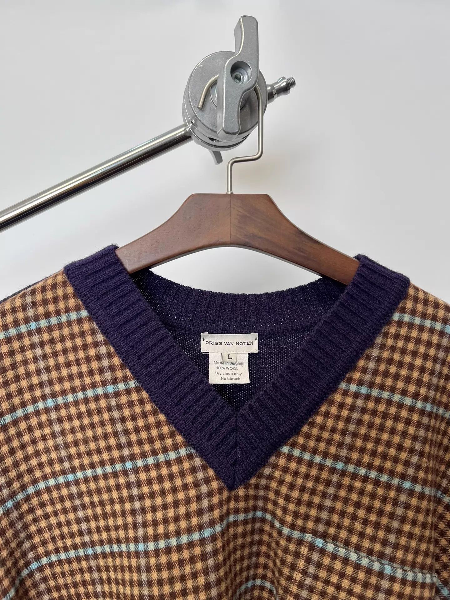 Dries Van Noten DVN Purple Check Colorblock Wool Sweater Size L / US 10 / IT 46 - 3 Thumbnail