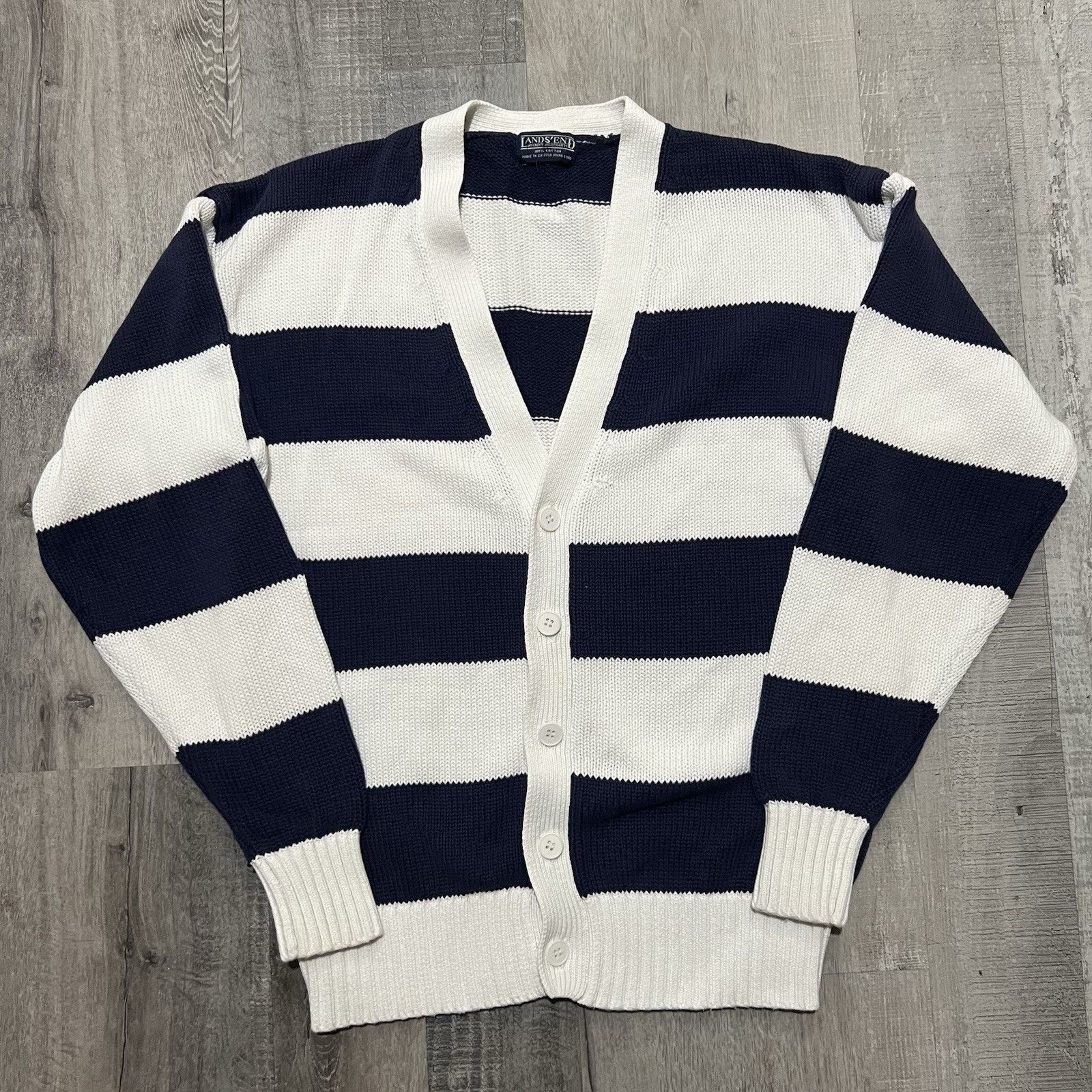 Vintage VTG Lands End 90s Striped Cardigan Sweater Preppy Sailing Size US M / EU 48-50 / 2 - 1 Thumbnail