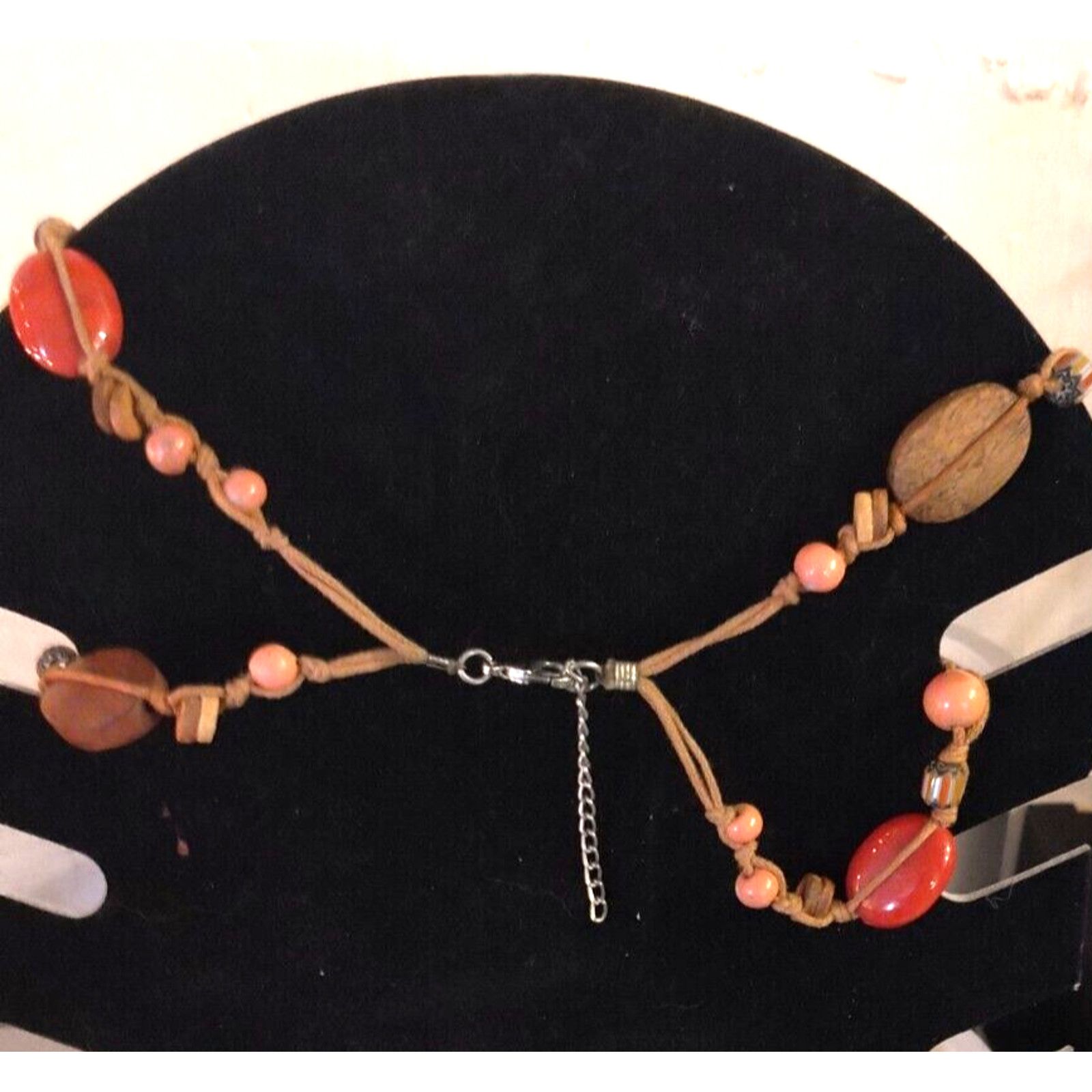 Other 2 Strand Plastic/Wood/Coral Color Bead 16" Choker Leather Size ONE SIZE - 3 Thumbnail